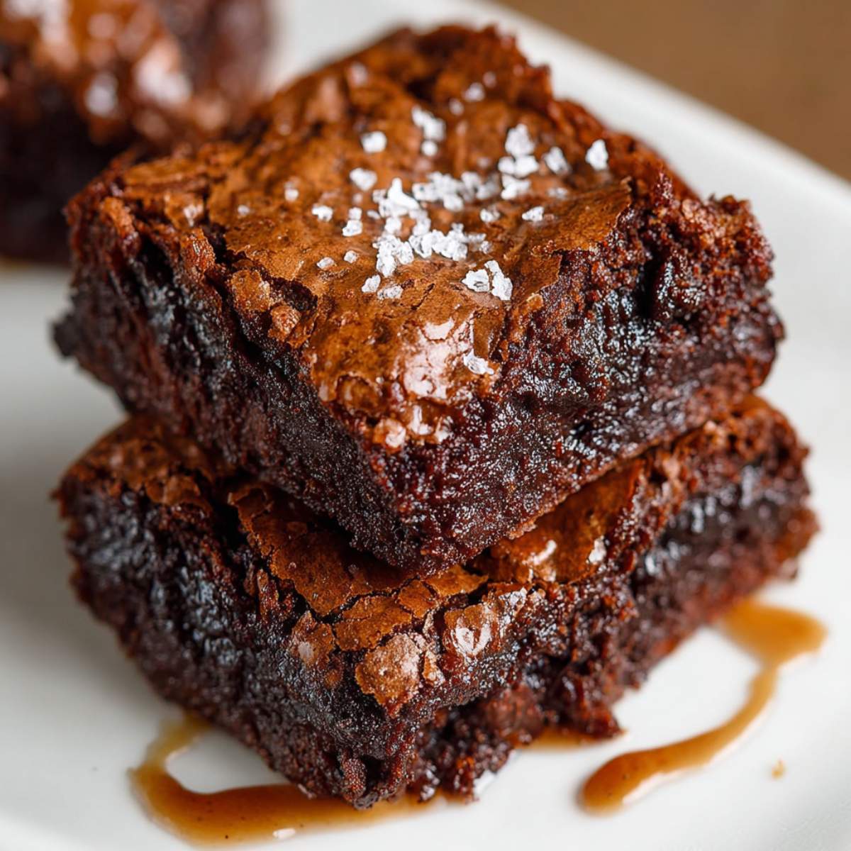 Cocoa fudge brownies stacked on a white plate, showing crackly tops, ultra fudgy centers, and a sprinkle of flaky sea salt.