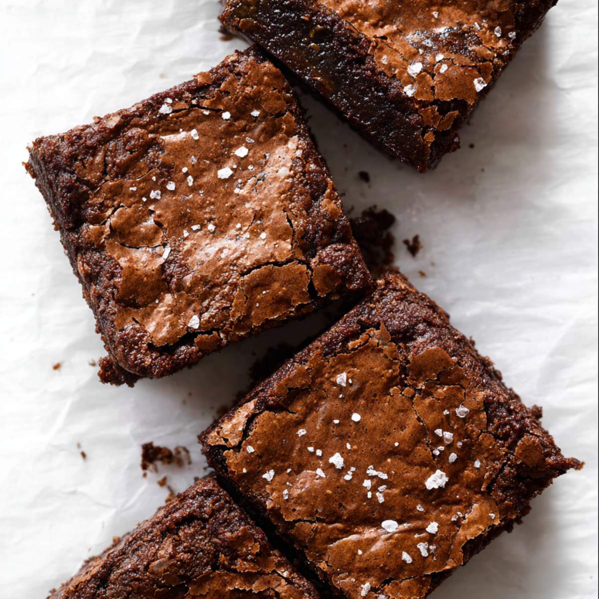 Close-up of cocoa fudge brownies showing crackly tops, dense fudgy centers, and flaky sea salt on parchment paper.