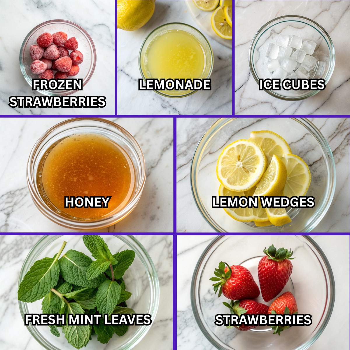 Fresh ingredients for frozen strawberry lemonade including frozen strawberries, lemonade, ice cubes, honey, lemon wedges, mint, and strawberries.