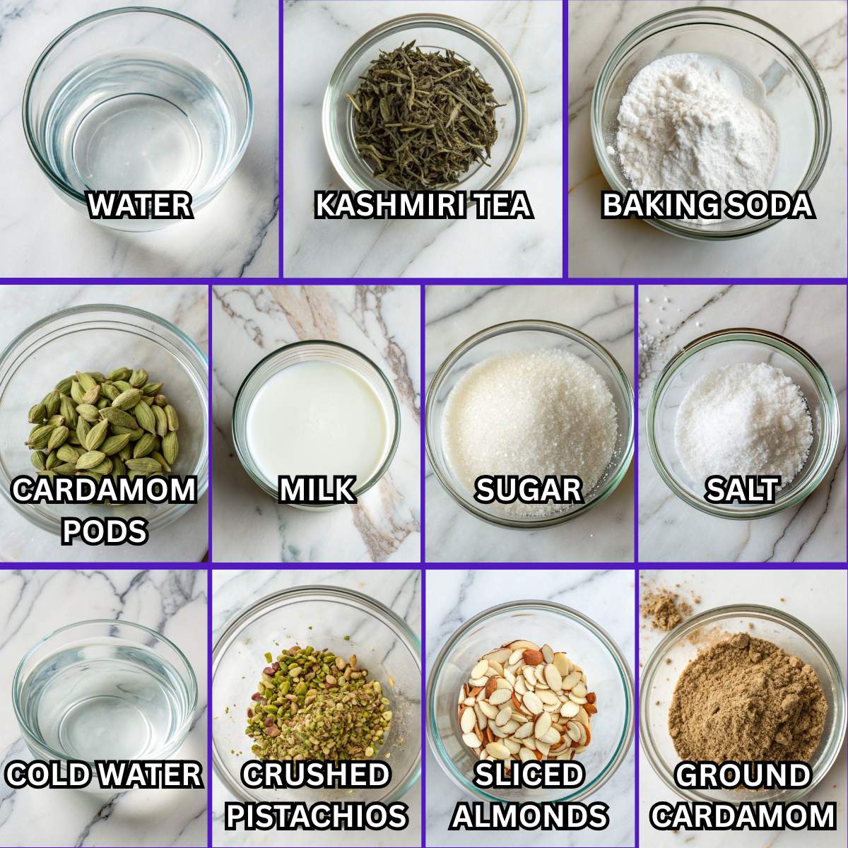 Fresh ingredients for Kashmiri Pink Tea including Kashmiri tea leaves, cardamom pods, milk, baking soda, sugar, salt, nuts, and cold water on marble.