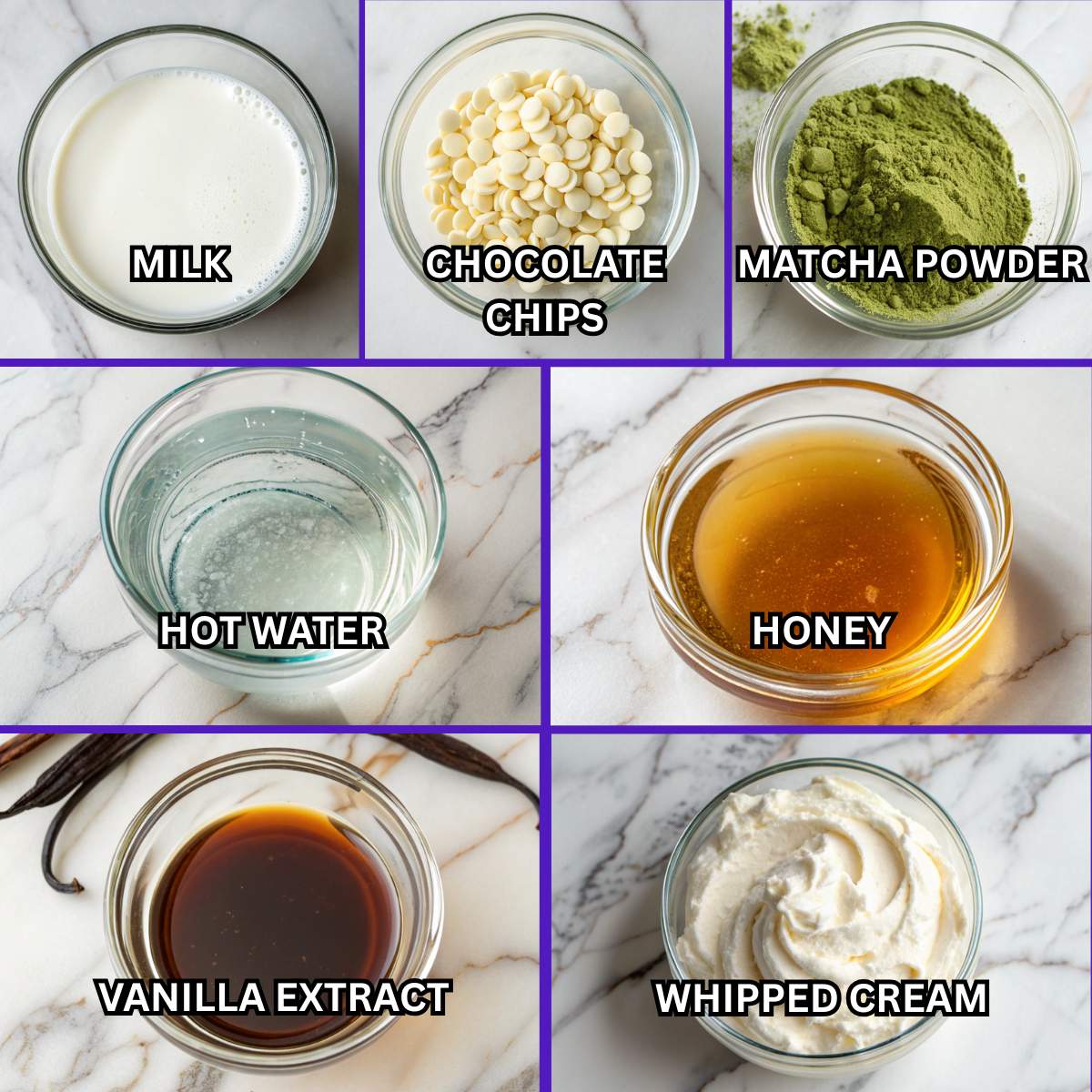 Fresh ingredients for Matcha White Hot Chocolate including milk, white chocolate chips, matcha powder, honey, vanilla and whipped cream