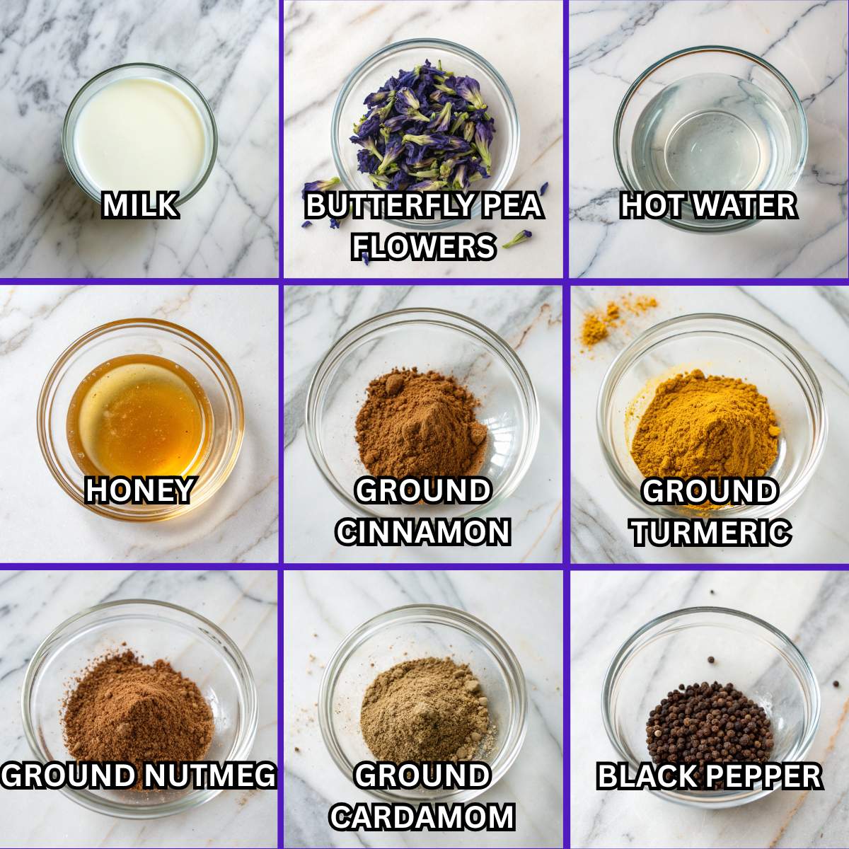 Moon Milk Tea ingredients including milk, butterfly pea flowers, honey, cinnamon, turmeric, nutmeg, cardamom, and black pepper on marble.