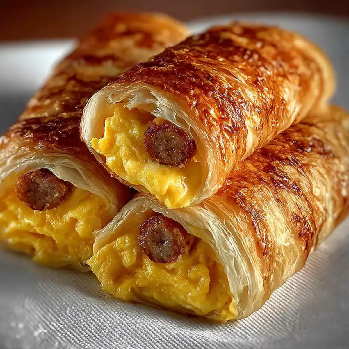 Sausage Egg Breakfast Roll-Ups on a modern plate, showcasing flaky golden pastry with visible sausage, eggs and melted cheese.