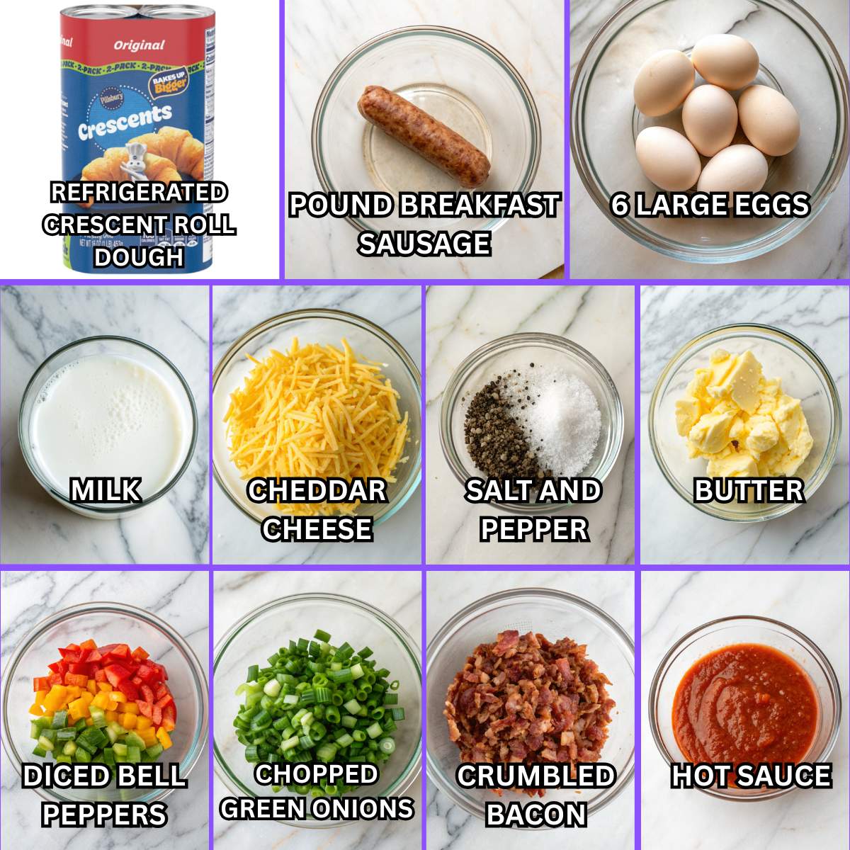 Fresh ingredients for Sausage Egg Breakfast Roll-Ups including crescent dough, eggs, breakfast sausage, cheddar cheese and butter.