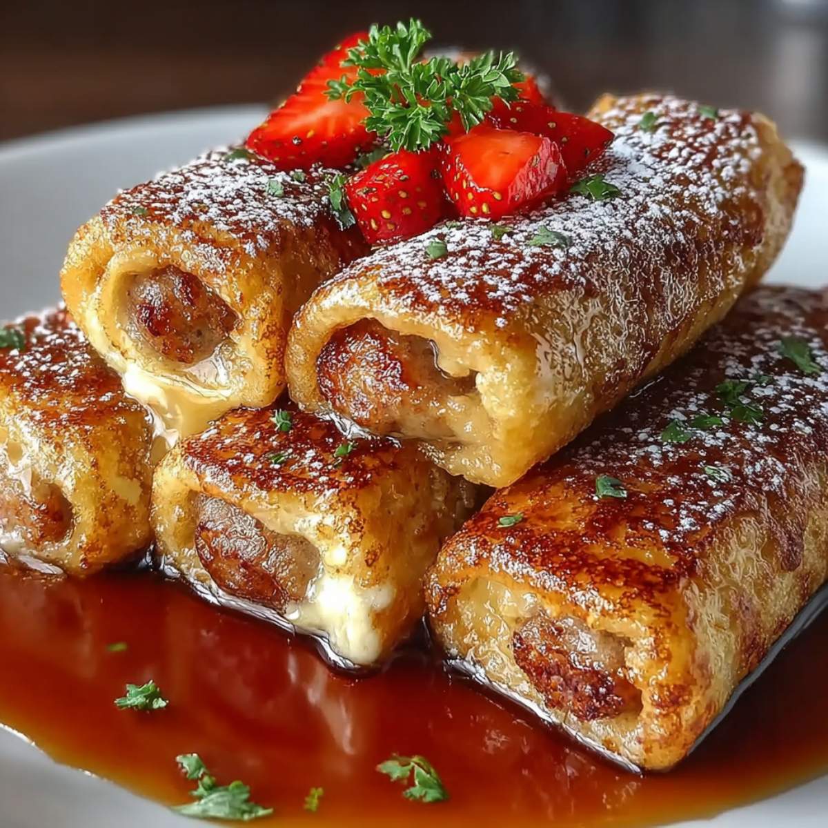 Sausage French Toast Roll-Ups on a white plate with golden crust, visible sausage center, powdered sugar, and fresh strawberries.