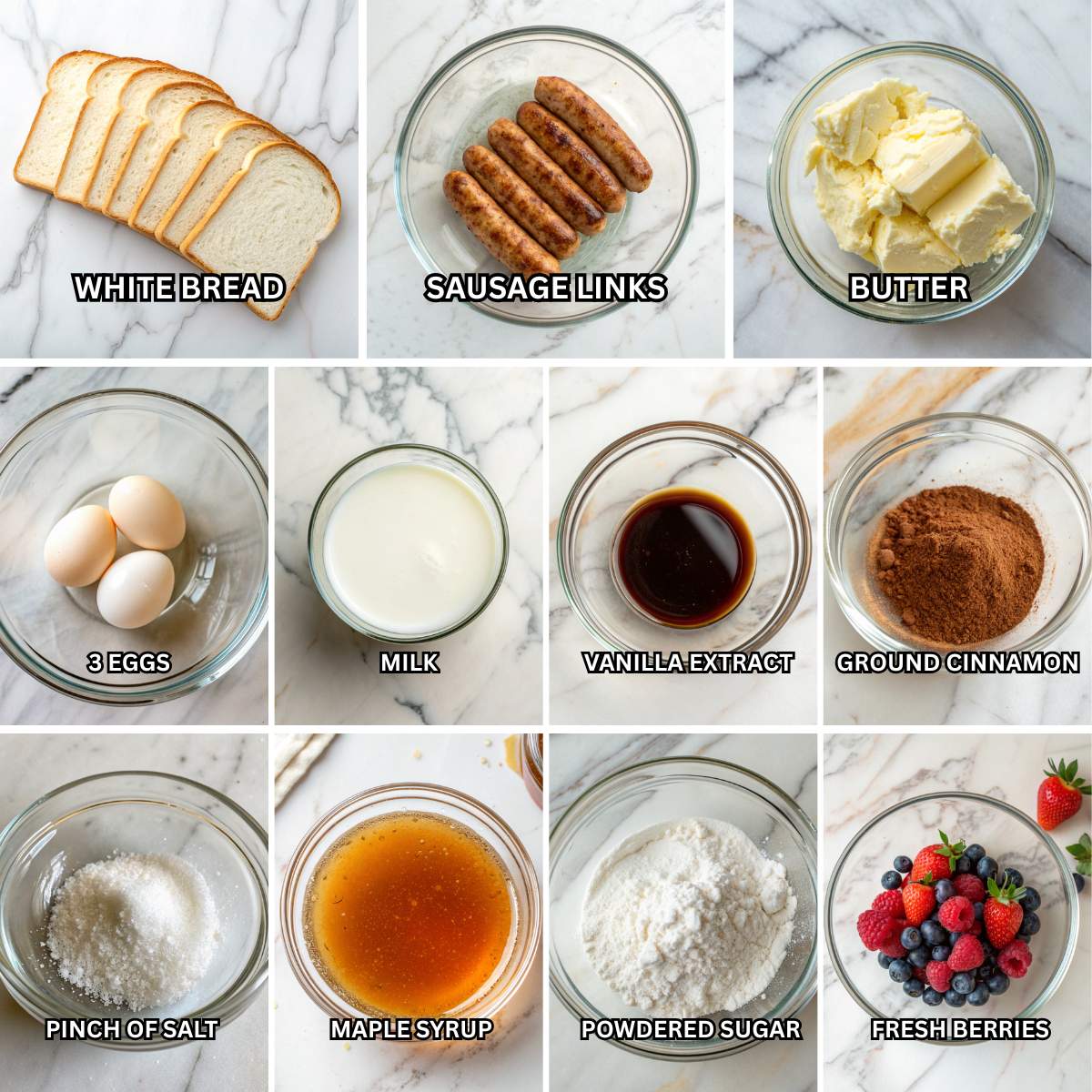 Fresh ingredients for Sausage French Toast Roll-Ups including white bread, sausage links, eggs, milk, butter, cinnamon, syrup.