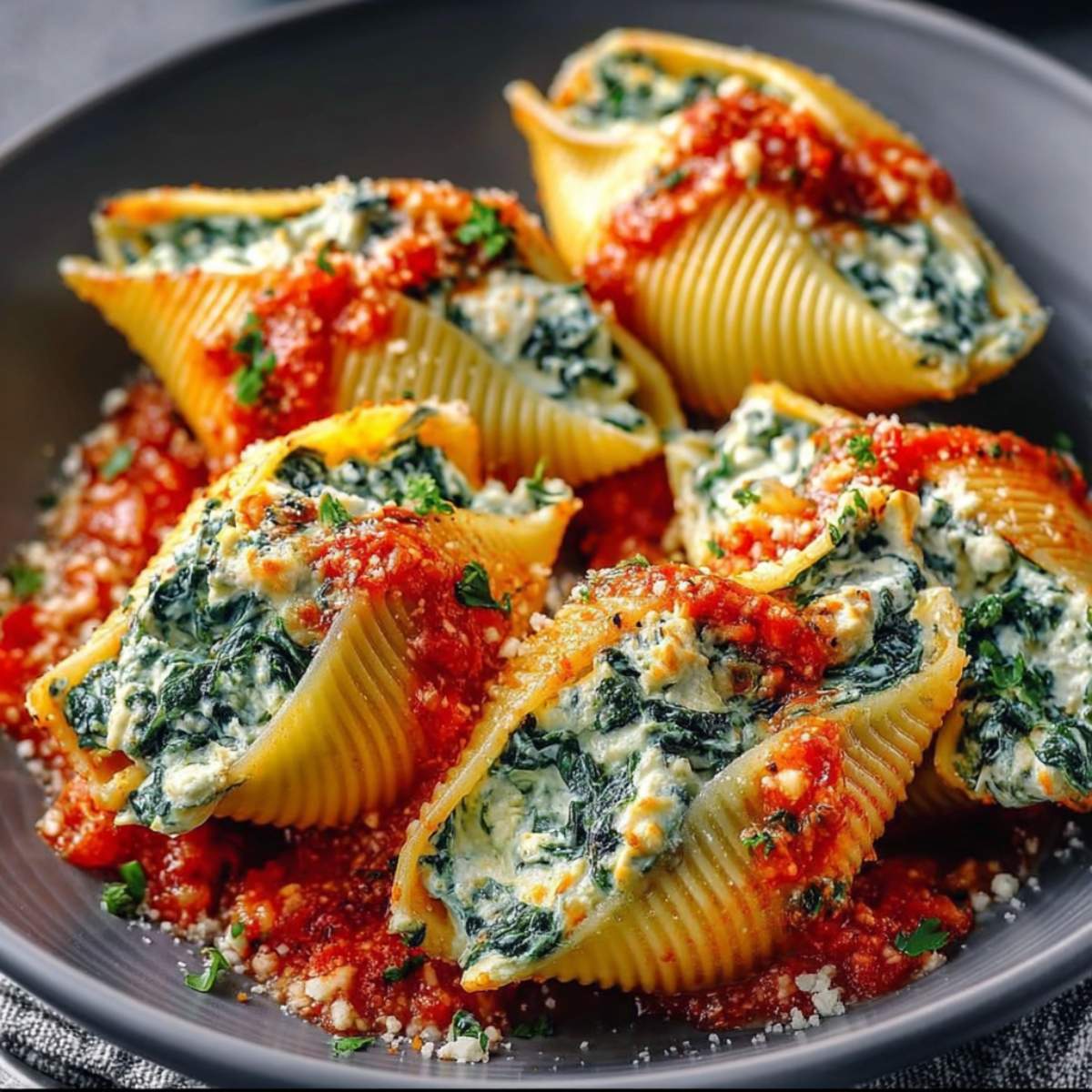 Easy spinach and ricotta stuffed shells in marinara sauce, showing creamy ricotta filling, tender pasta shells, and fresh herbs.