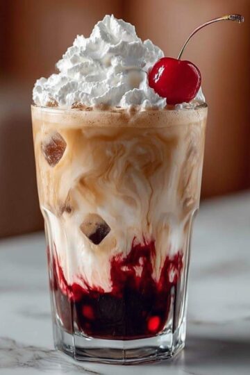 Close-up of Starbucks Copycat Iced Cherry Chai Latte showing creamy chai swirls, cherry syrup at the base, ice cubes, and cherry cold foam topping.