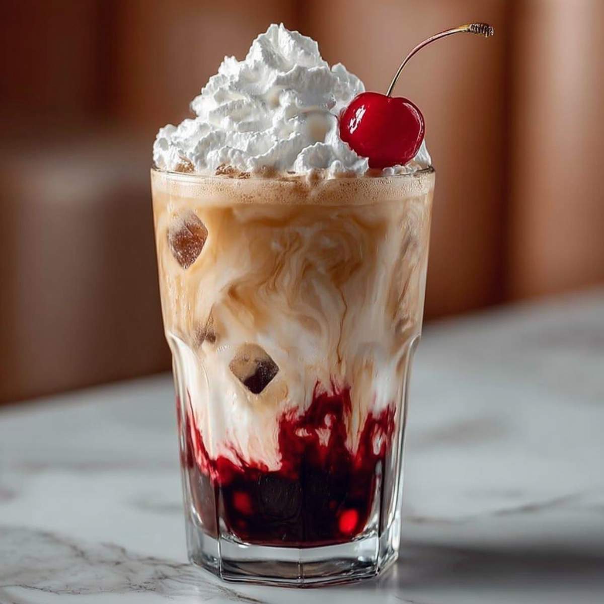Close-up of Starbucks Copycat Iced Cherry Chai Latte showing creamy chai swirls, cherry syrup at the base, ice cubes, and cherry cold foam topping.