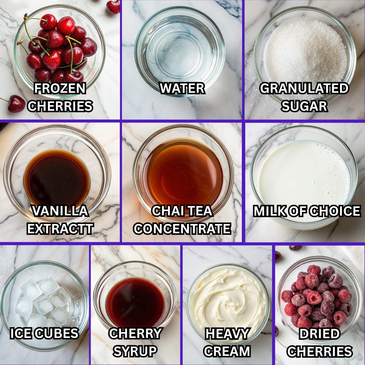 Ingredients for Starbucks Copycat Iced Cherry Chai Latte including cherries, chai concentrate, milk, cherry syrup, heavy cream, sugar, and ice.