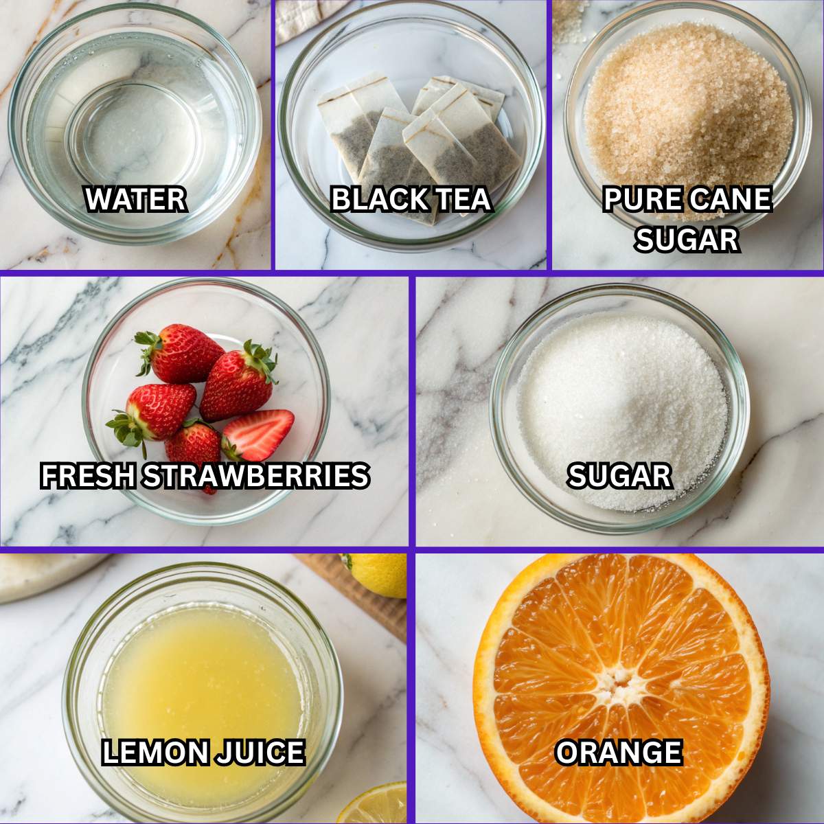 Fresh ingredients for Strawberry Iced Tea including water, black tea bags, cane sugar, strawberries, lemon juice, and orange slices.