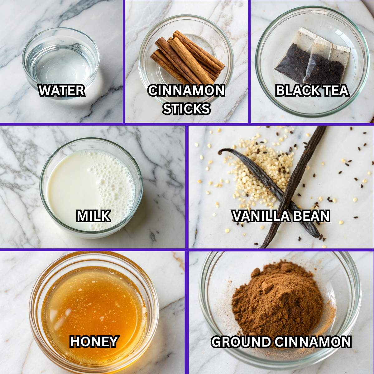 Fresh ingredients for Vanilla Cinnamon Milk Tea including cinnamon sticks, black tea bags, milk, vanilla bean, honey, and ground cinnamon.