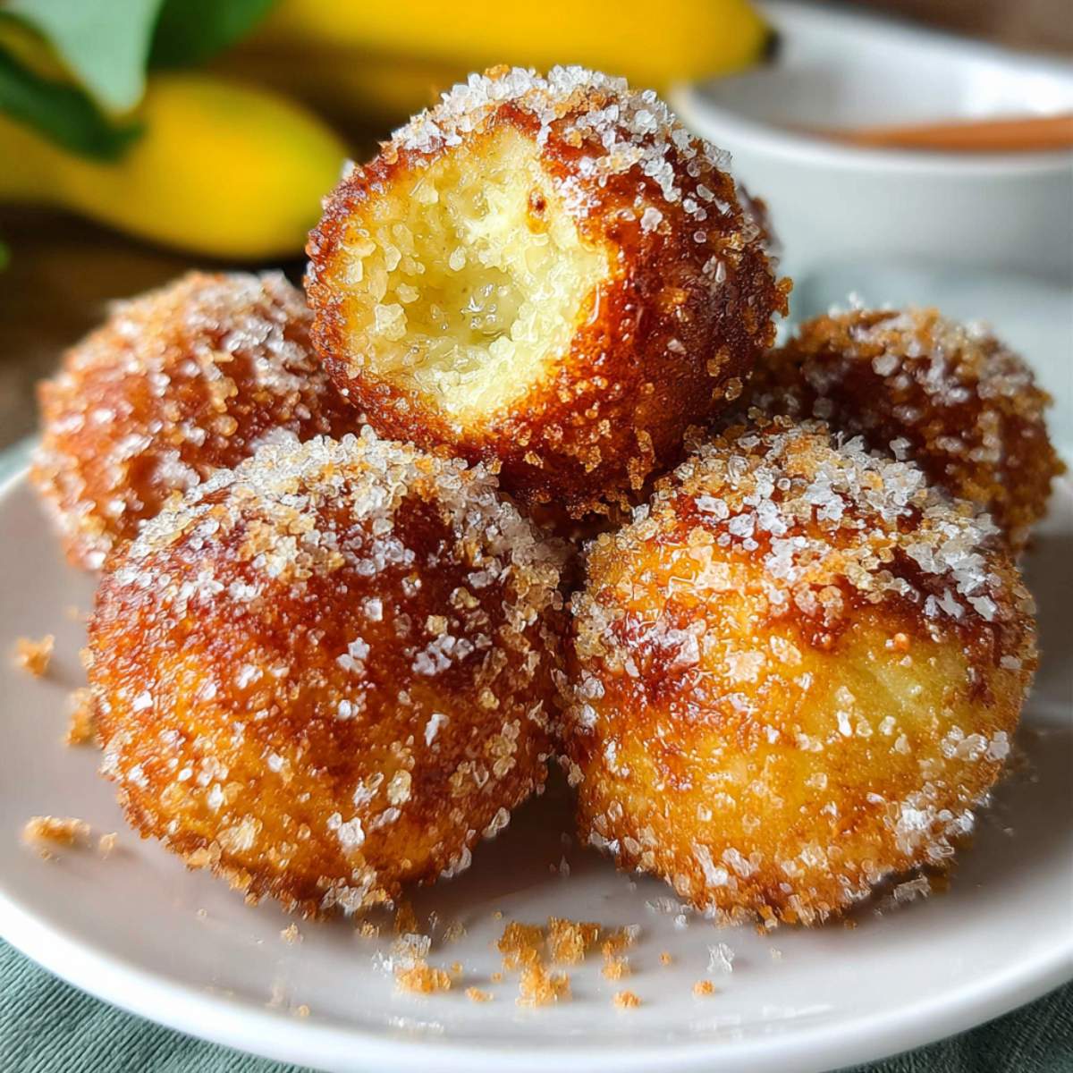 2-Ingredient Banana Donut Holes on a modern plate, coated in cinnamon sugar with golden edges and ripe banana flavor visible.