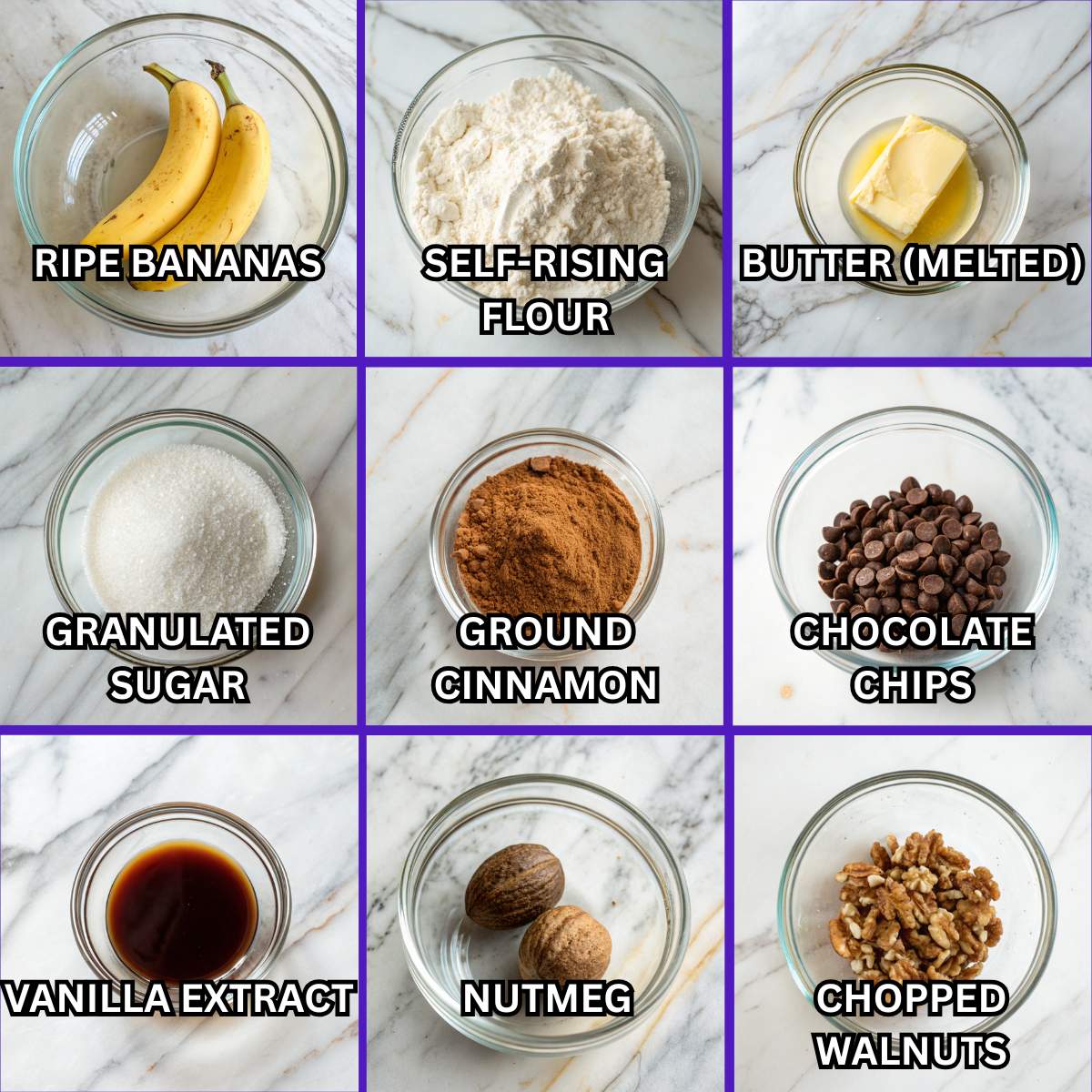Ingredients for banana donut holes including ripe bananas, self rising flour, cinnamon sugar, butter, chocolate chips, and walnuts