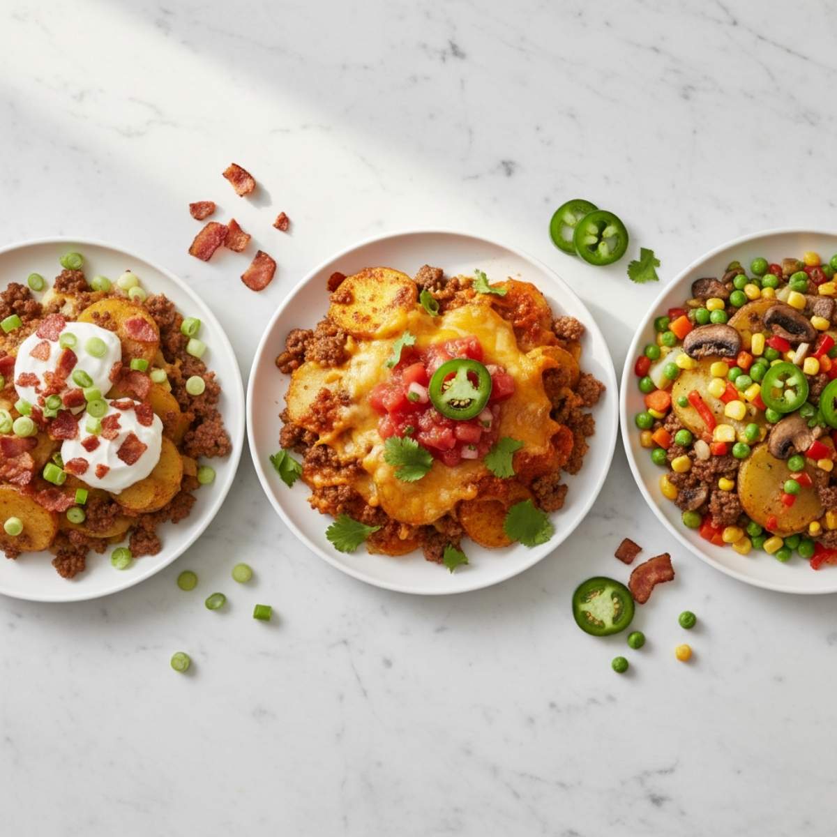 Three variations of Cheesy Ground Beef and Potato Casserole topped with sour cream, jalapeños, salsa, vegetables, and cheese on plates.