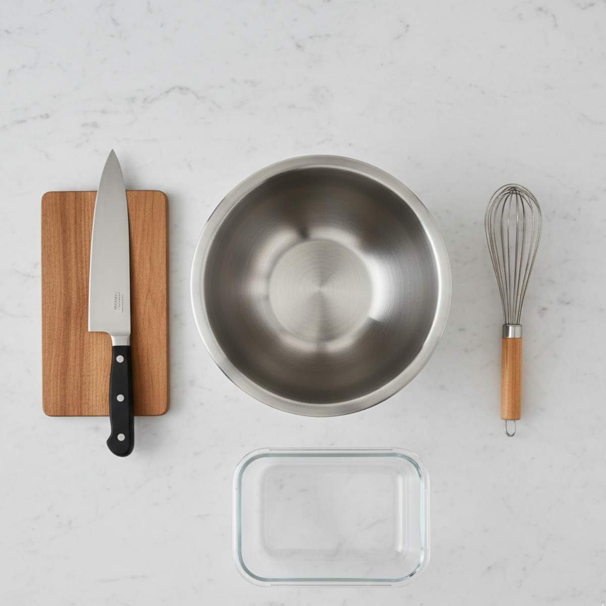 Chicken salad recipe equipment including stainless steel mixing bowl, sharp knife, whisk, cutting board, and glass storage container on marble surface.