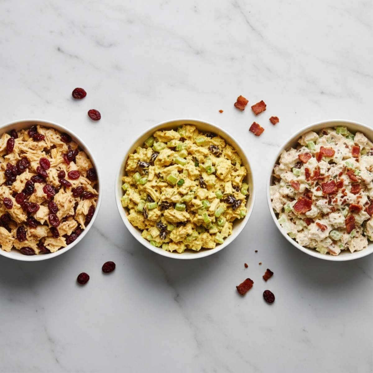 Three chicken salad recipe variations with cranberry, curry, and bacon ranch served in bowls on a modern white marble surface.