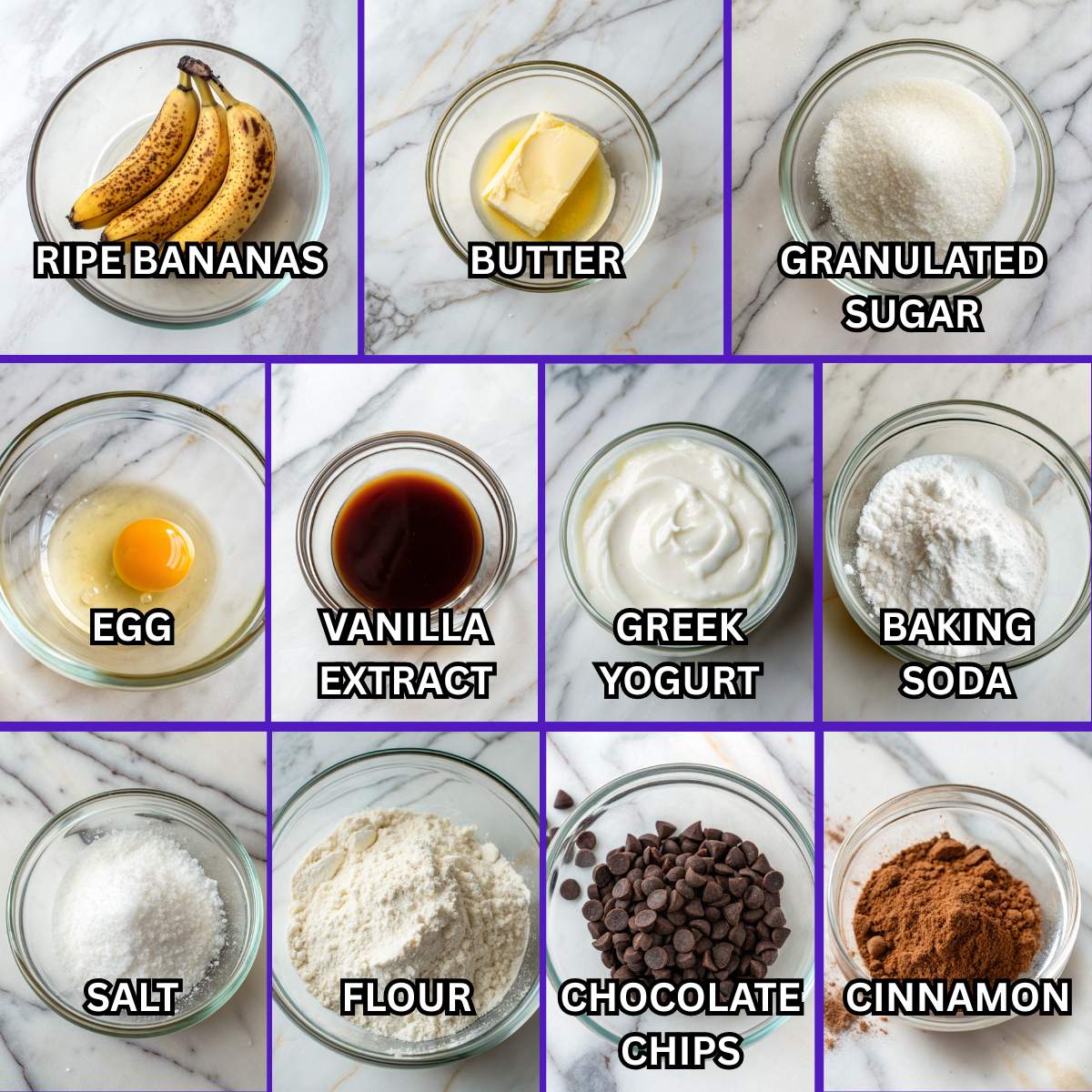 Fresh ingredients for chocolate chip banana bread including ripe bananas, Greek yogurt, chocolate chips, flour, egg, and sugar.