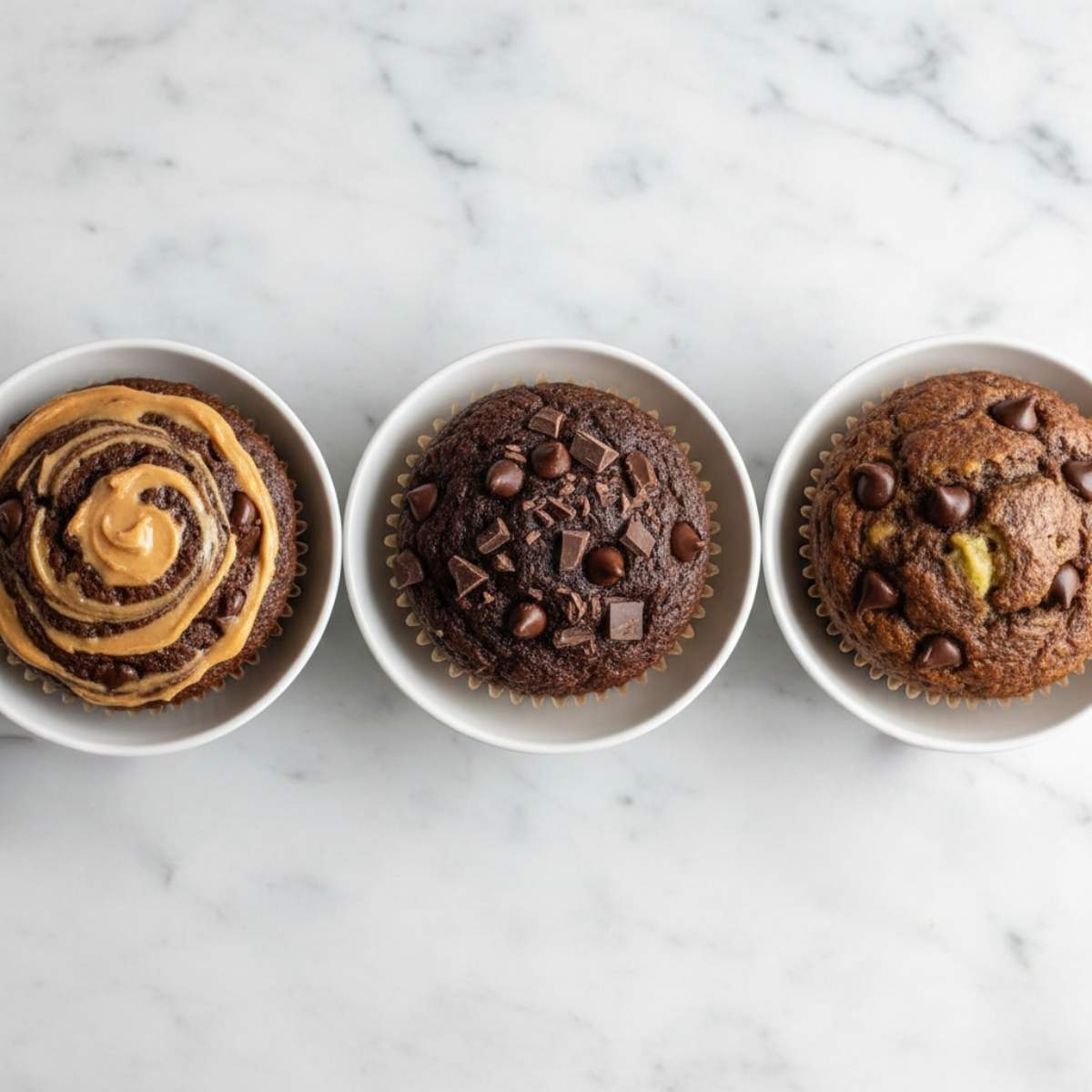 Chocolate zucchini muffin variations with peanut butter swirl, double chocolate topping, and banana chocolate muffins on marble surface