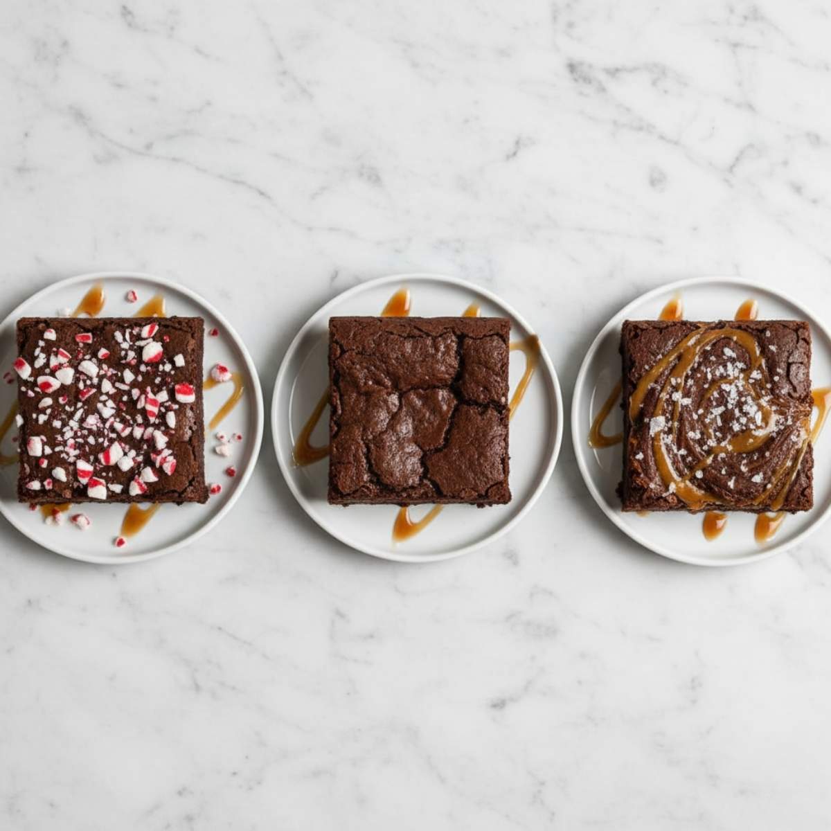 Cocoa Fudge Brownies Variations shown on white plates, including classic, peppermint topped, and caramel swirled brownies