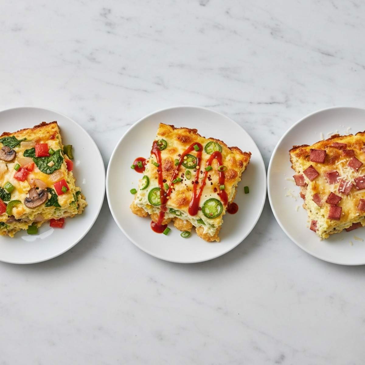 Crack Breakfast Casserole variations served on plates with vegetables, jalapeños, cheese, and ham on a marble countertop.