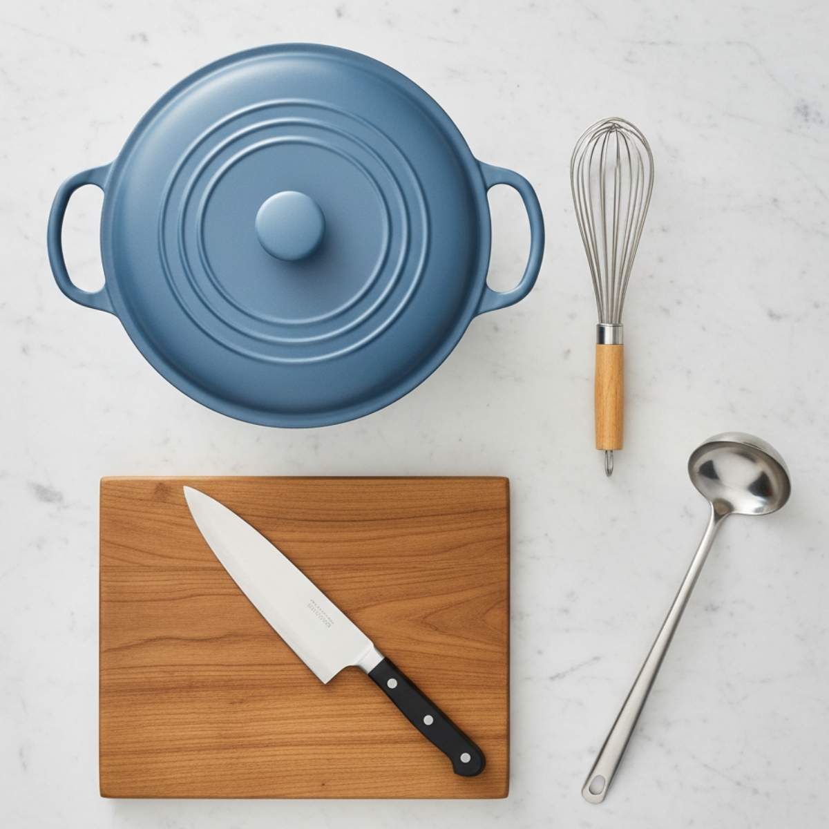 Kitchen equipment for creamy chicken noodle soup including a Dutch oven, whisk, sharp knife, cutting board, and ladle on marble.