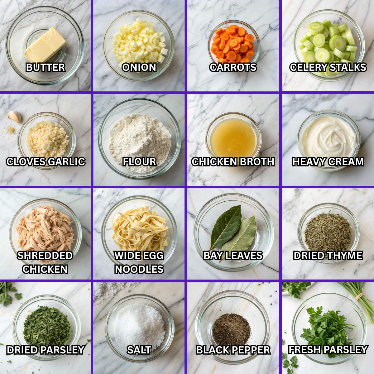 Fresh ingredients for creamy chicken noodle soup including butter, carrots, celery, shredded chicken, egg noodles, and herbs on marble