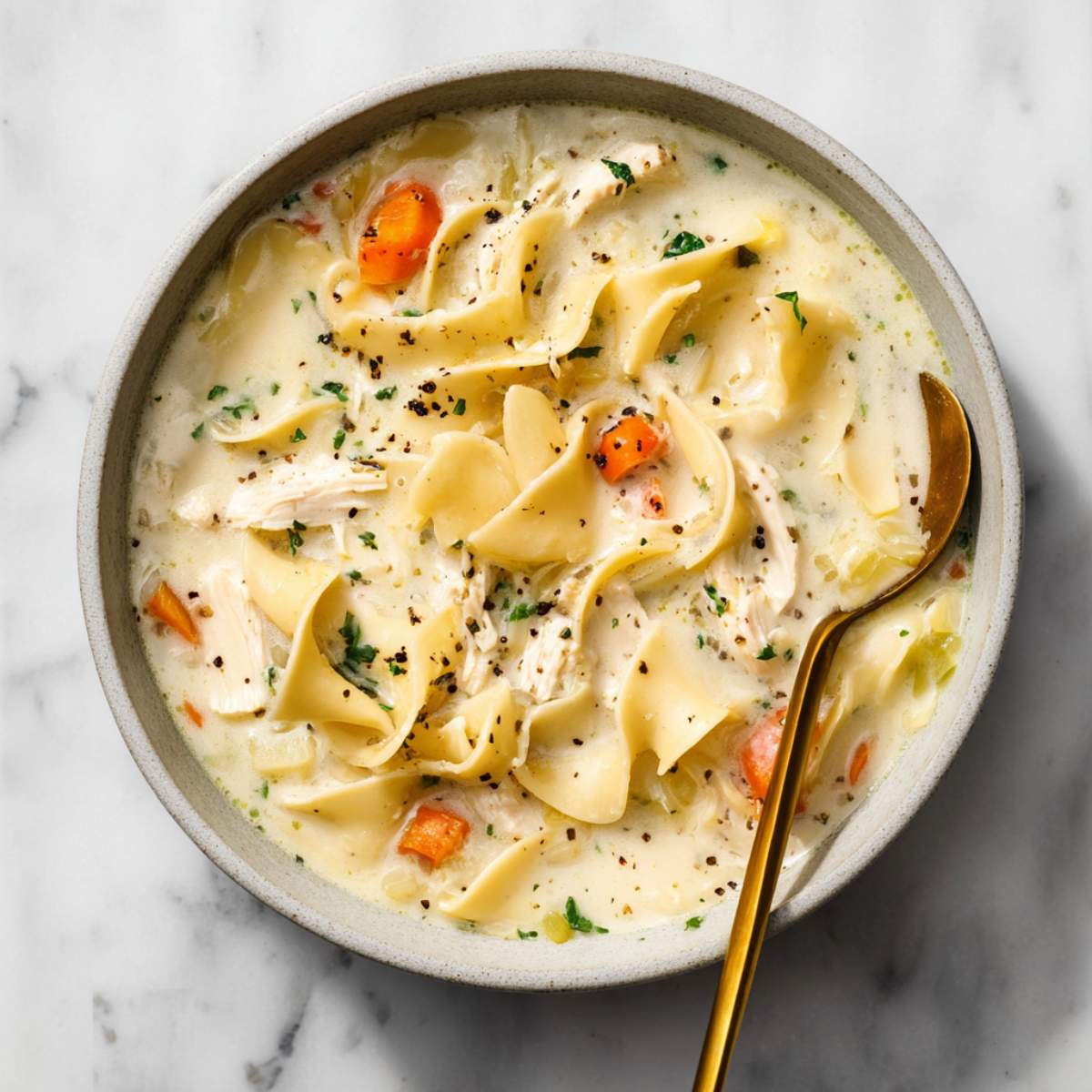 Creamy chicken noodle soup in a ceramic bowl with tender egg noodles, shredded chicken, carrots, herbs, and cracked pepper.