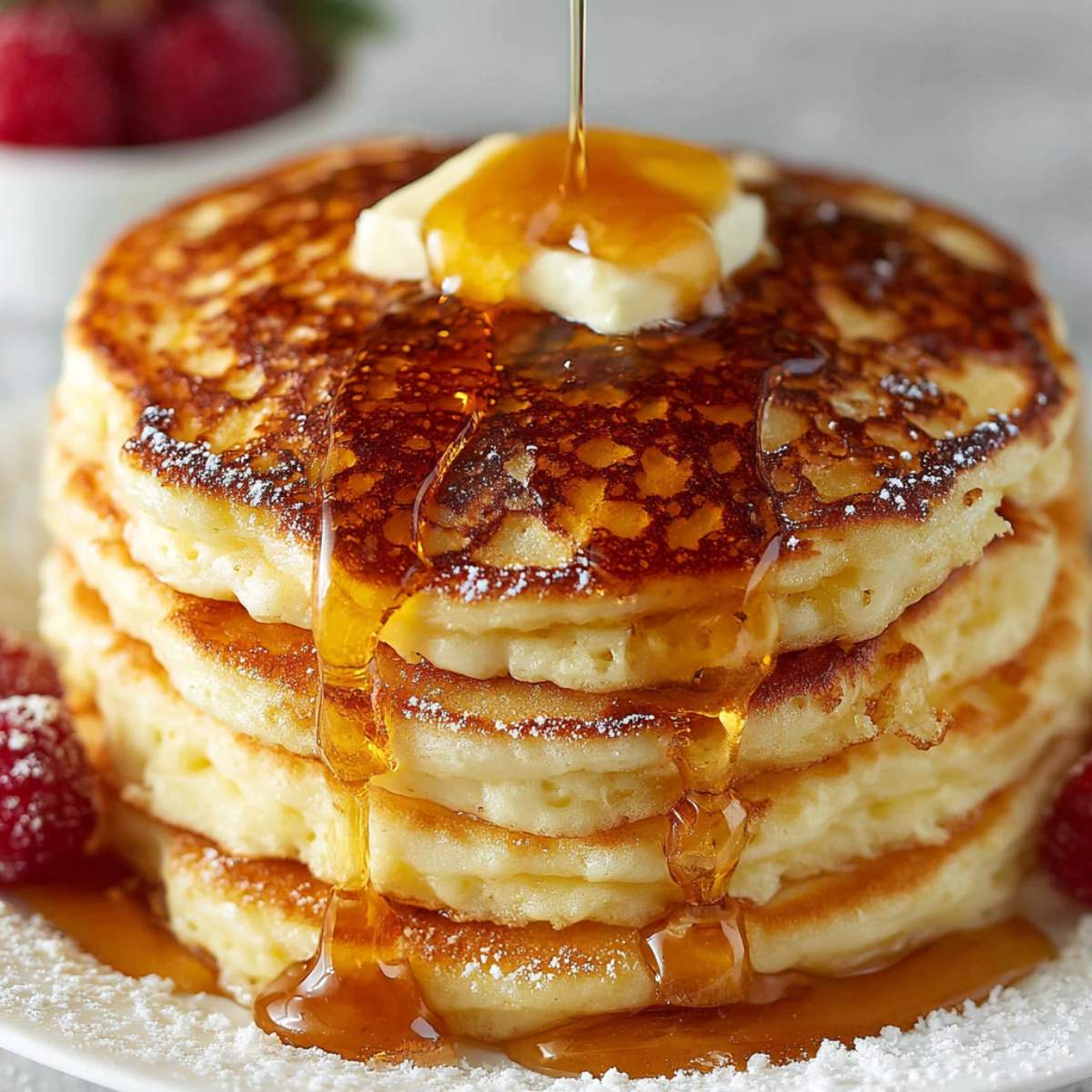 Close-up of easy fluffy pancakes showing soft, airy layers with golden edges, melted butter, maple syrup drizzle, and powdered sugar.