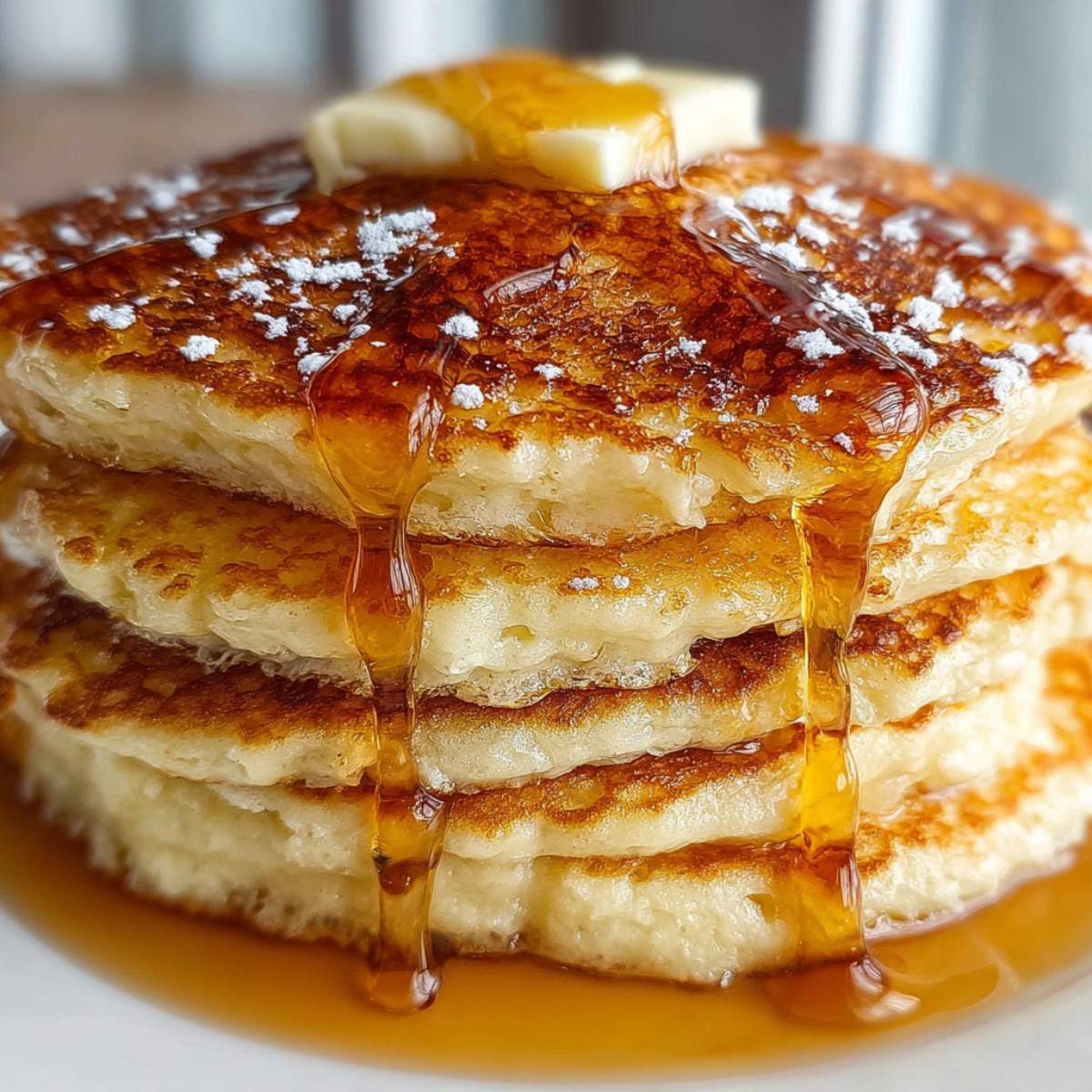 Easy fluffy pancakes stacked high on a white plate, showing golden edges, soft centers, melted butter, and maple syrup drizzle.