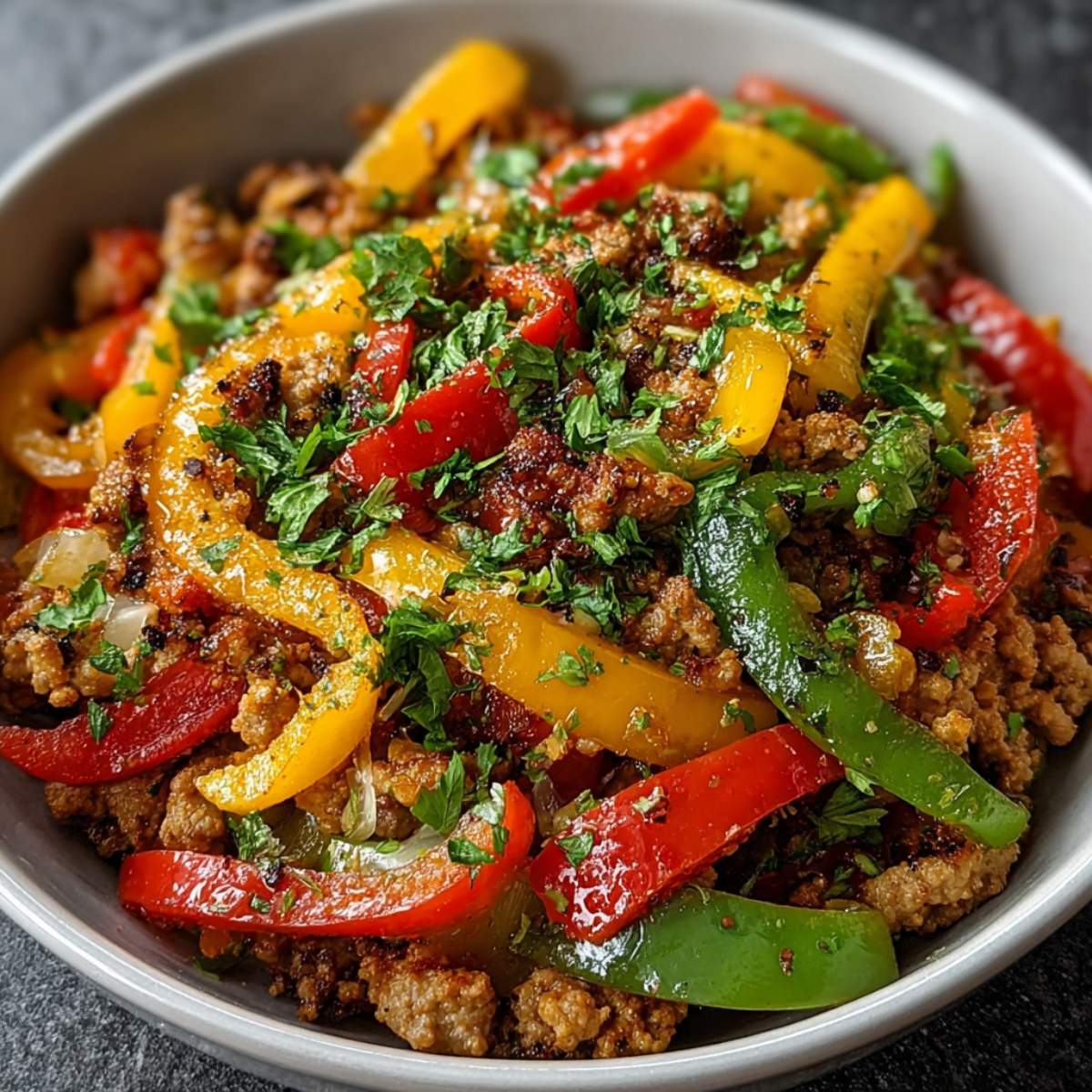 Easy ground turkey and peppers skillet with red, yellow, and green bell peppers, sautéed turkey, onions, and fresh parsley.