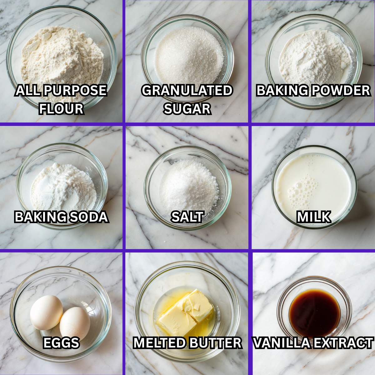 Fresh ingredients for fluffy pancakes including all purpose flour, sugar, eggs, milk, baking powder, butter, and vanilla