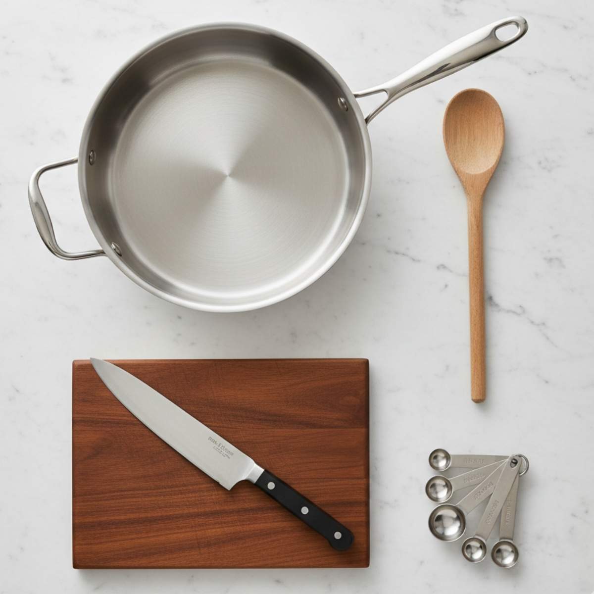 Kitchen tools for ground turkey and peppers including stainless steel skillet, wooden spoon, chef knife, cutting board, and measuring spoons.