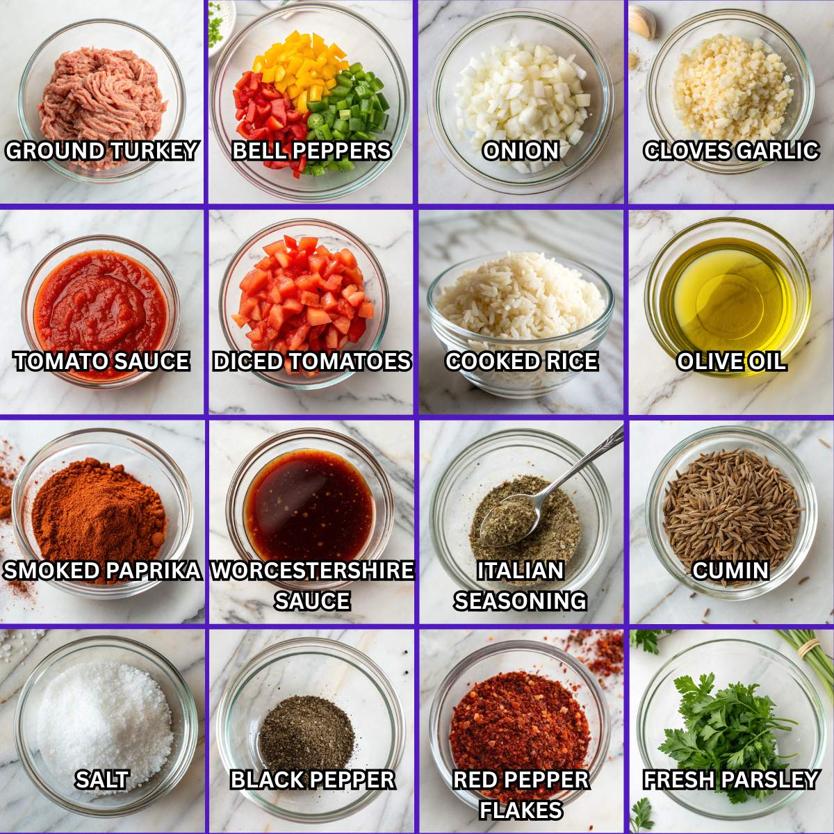 Ground turkey and peppers ingredients including bell peppers, onion, garlic, tomato sauce, rice, olive oil, and seasonings on marble.