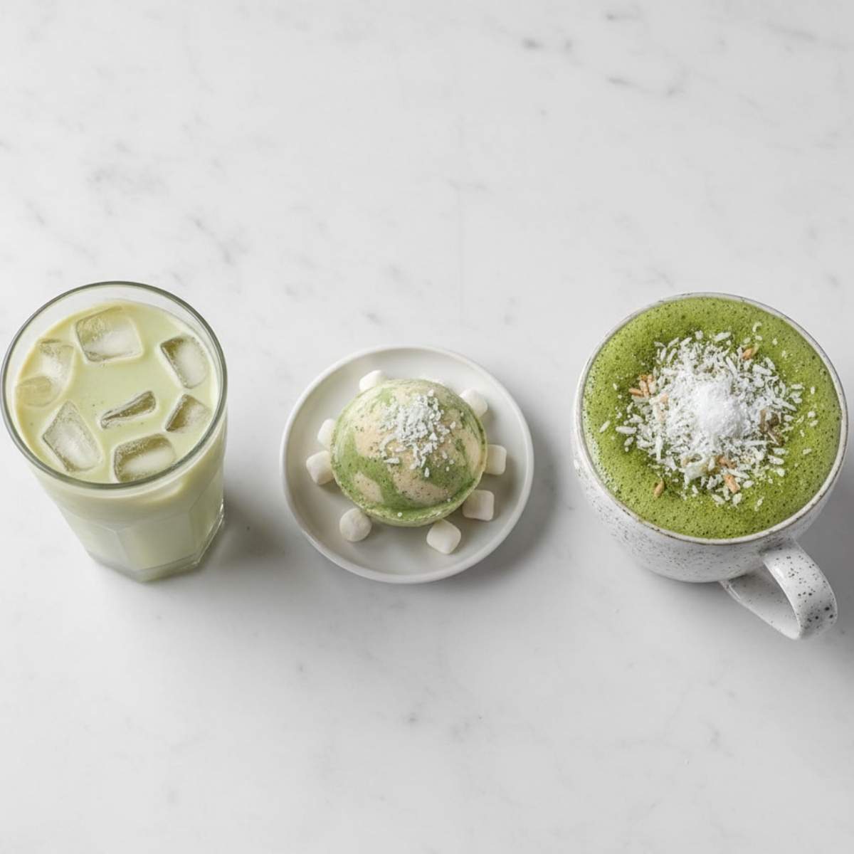 Matcha White Hot Chocolate variations including iced matcha drink, matcha hot chocolate bomb, and creamy latte style on marble surface.