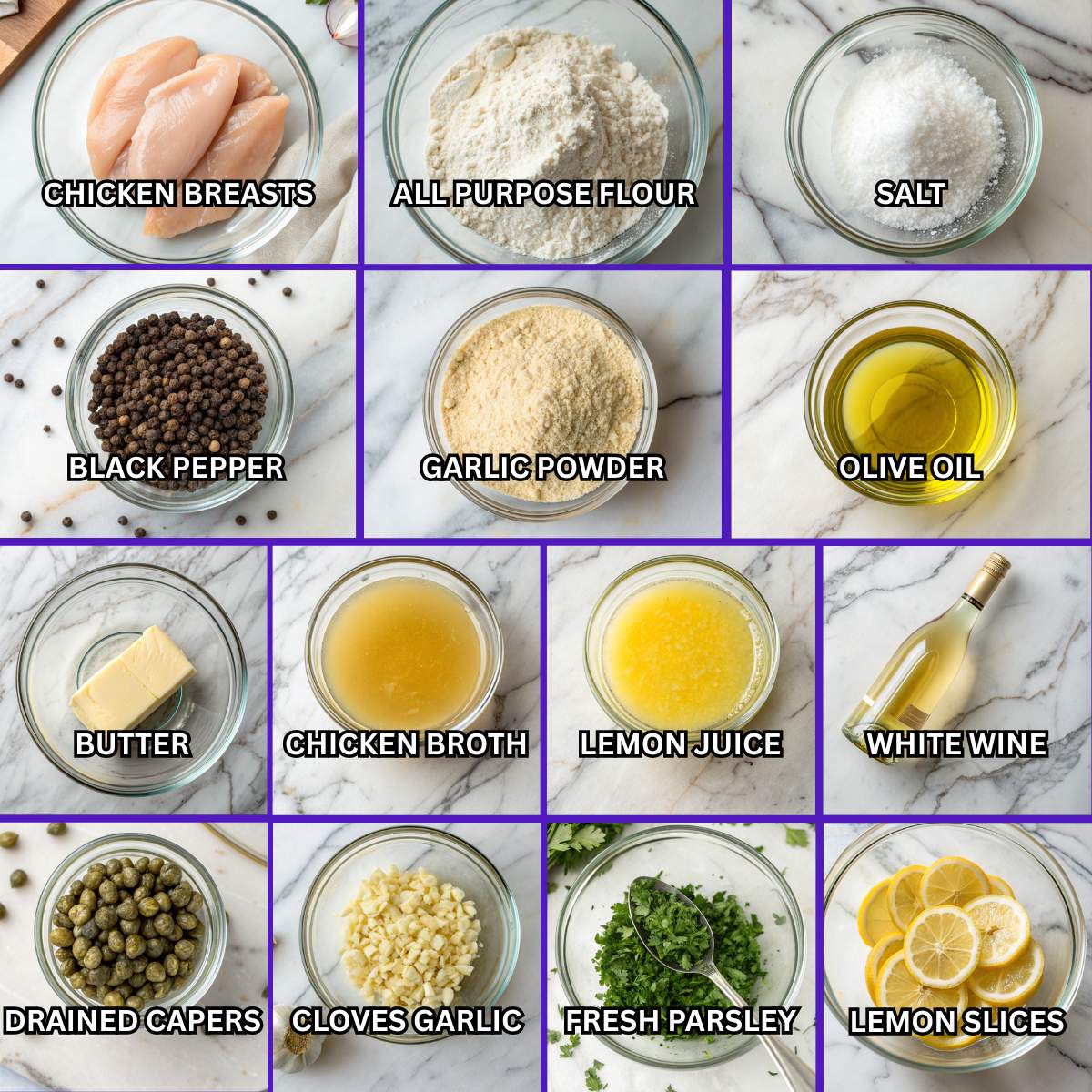 Ingredients for Mediterranean Style Chicken Piccata including chicken breasts, lemon juice, capers, olive oil, garlic, and broth.