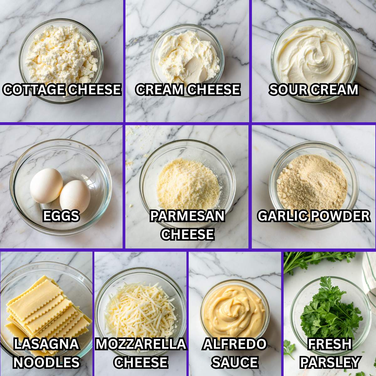 Ingredients for Million Dollar Lasagna cheese filling including cottage cheese, cream cheese, sour cream, eggs, mozzarella, Alfredo sauce.