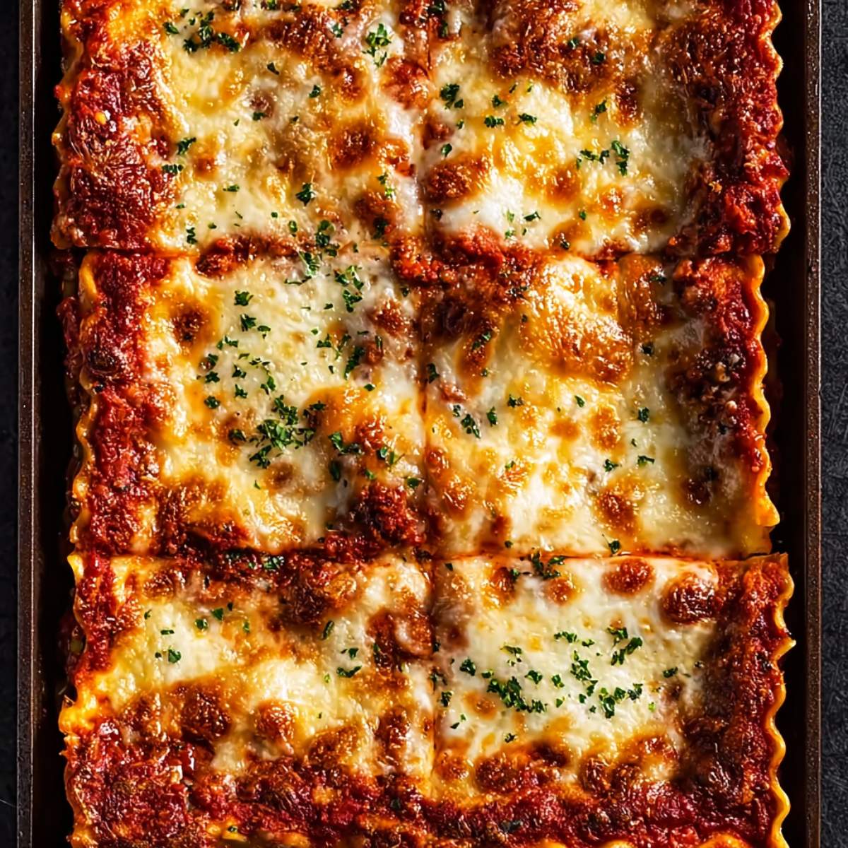 Million Dollar Lasagna on a dark baking pan, showcasing golden melted cheese, rich meat sauce layers, and parsley garnish.