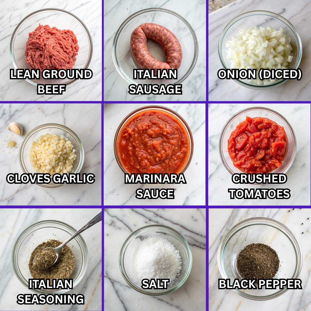 Ingredients for Million Dollar Lasagna meat sauce including ground beef, Italian sausage, onion, garlic, marinara, and spices.