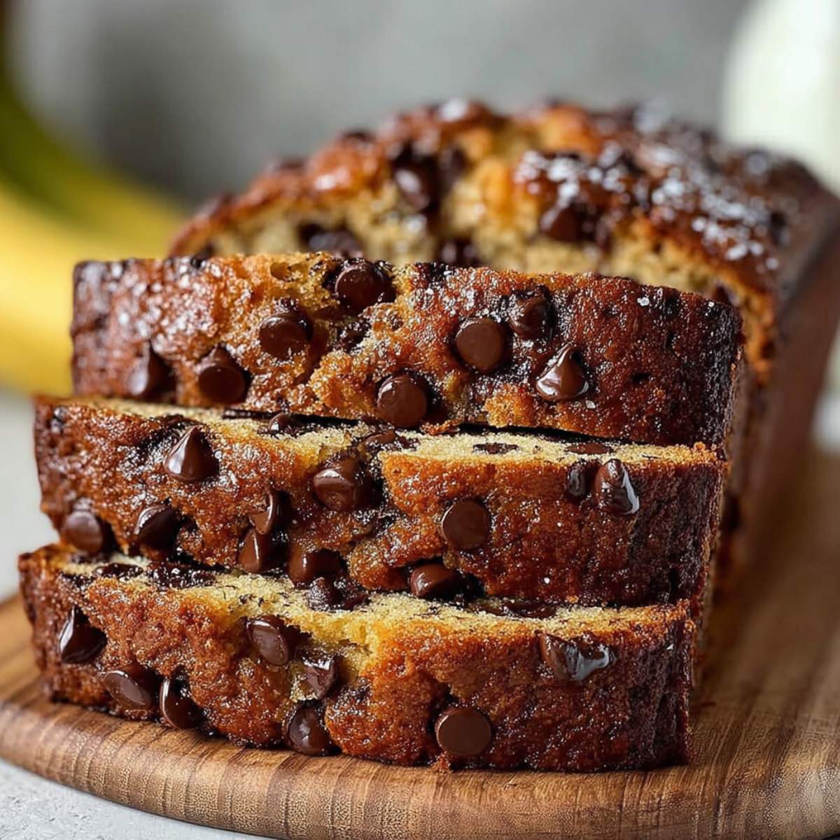 Close-up of moist chocolate chip banana bread showing tender banana crumb, melted chocolate chips, and golden baked edges.