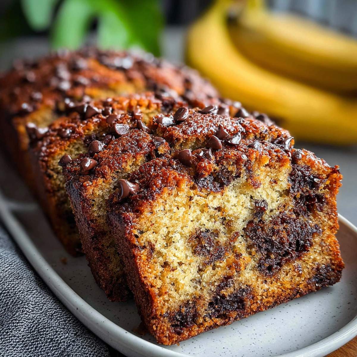 Moist chocolate chip banana bread sliced on a wooden board, showing rich banana crumb and melted chocolate chips throughout