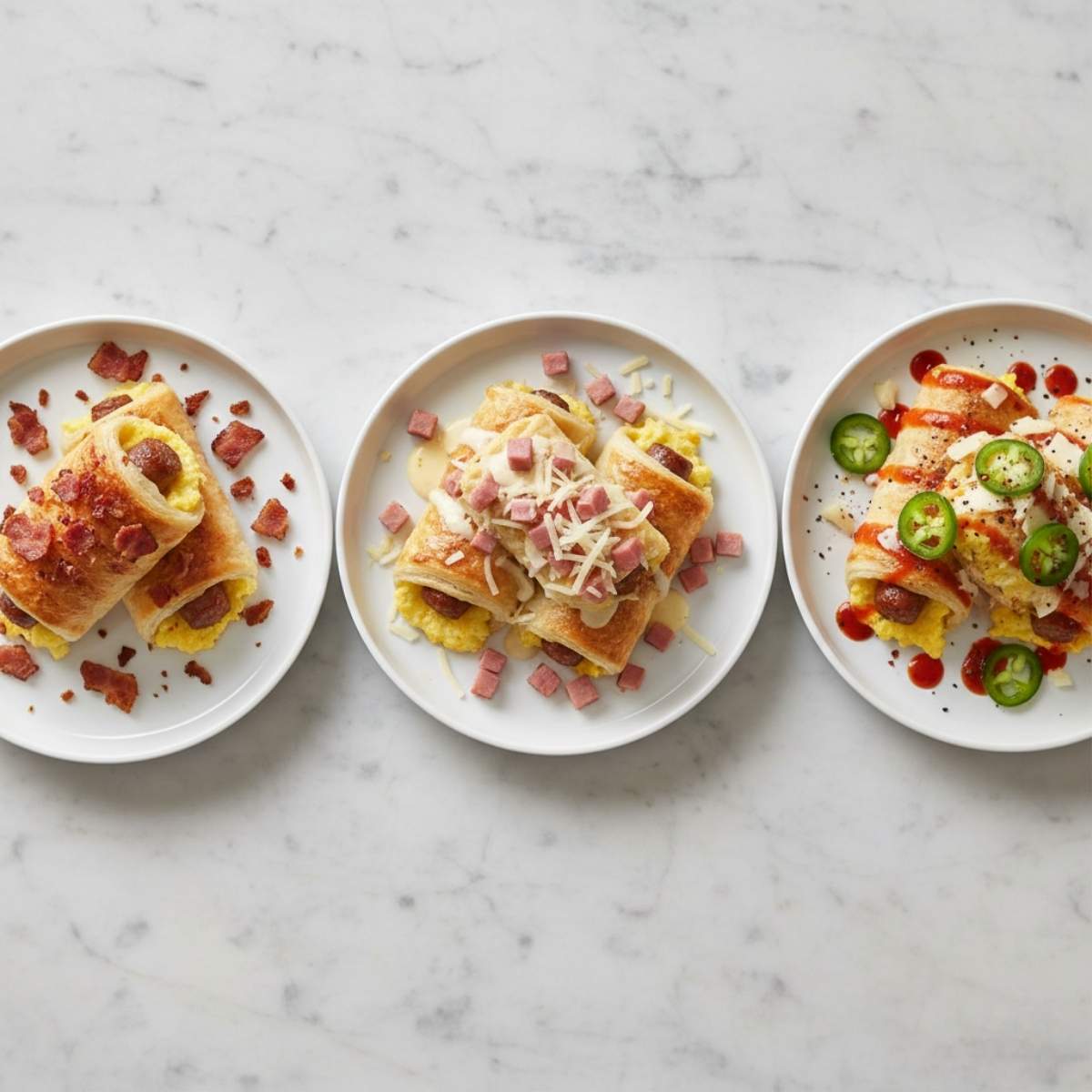 Different sausage egg breakfast roll-up variations with bacon, ham and cheese, and spicy jalapeño toppings on white plates.