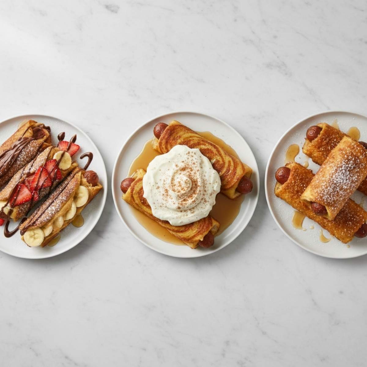 Sausage French Toast Roll-Ups variations with banana, strawberry, and cinnamon sugar toppings on white plates marble surface