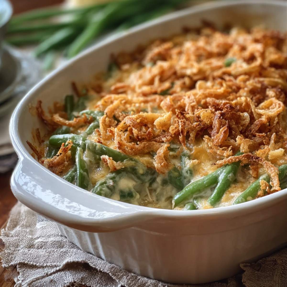 Close-up of Southern Green Bean Casserole with creamy green beans, melted cheese, and crispy fried onion topping in baking dish