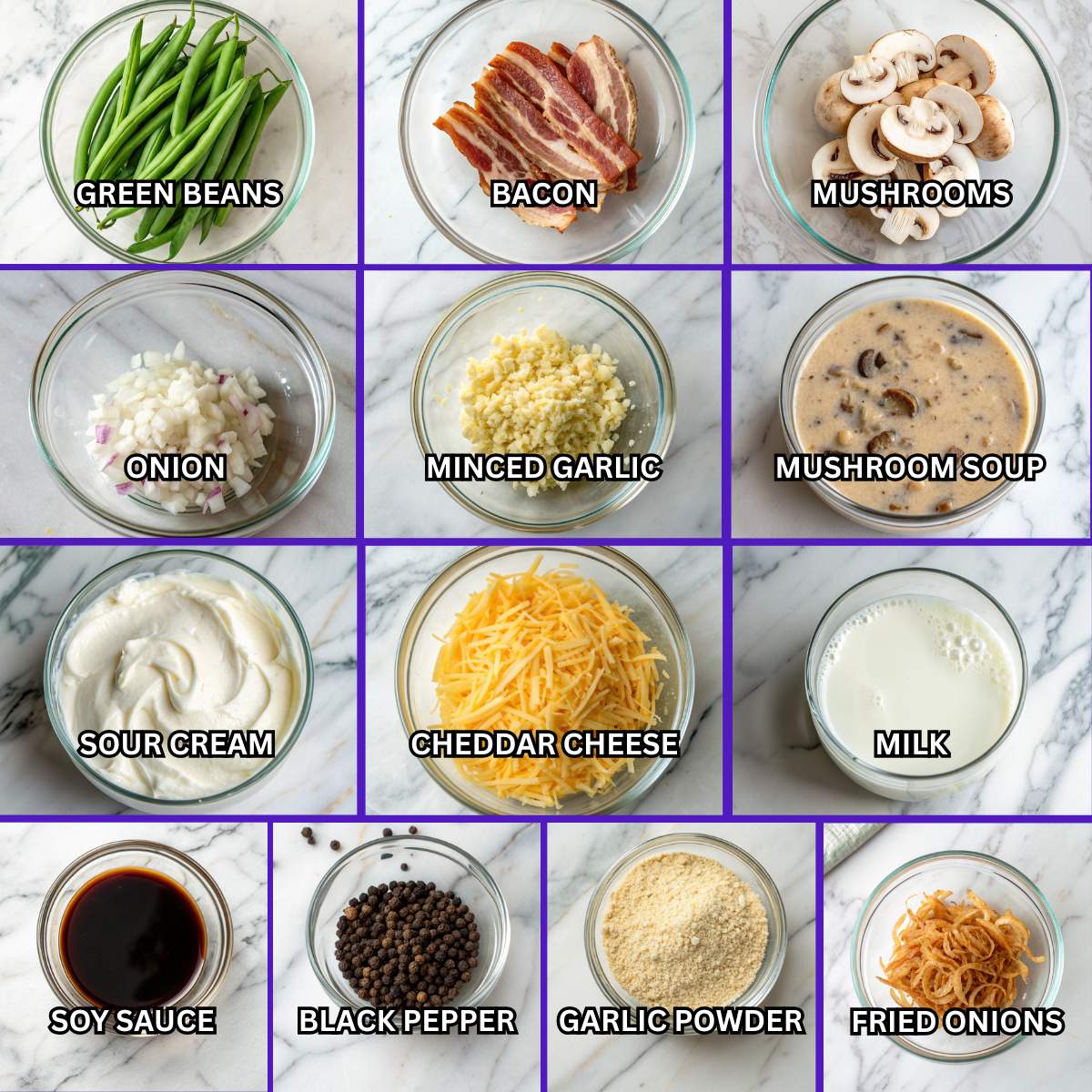 Fresh ingredients for Southern green bean casserole including green beans, bacon, mushrooms, cheddar cheese, and creamy sauce.