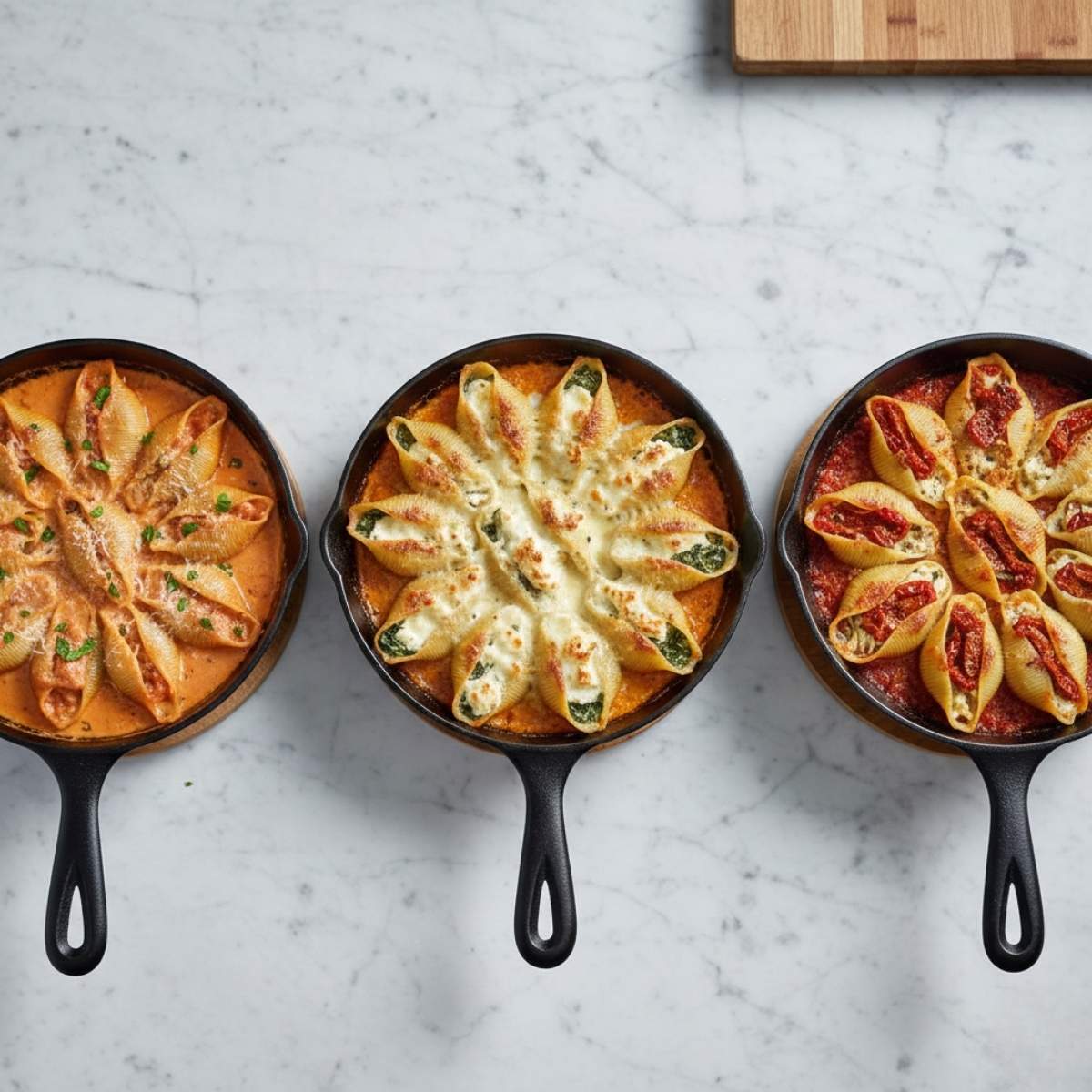 Spinach and ricotta stuffed shells variations with creamy, cheesy and marinara sauces baked in small skillets on marble surface.