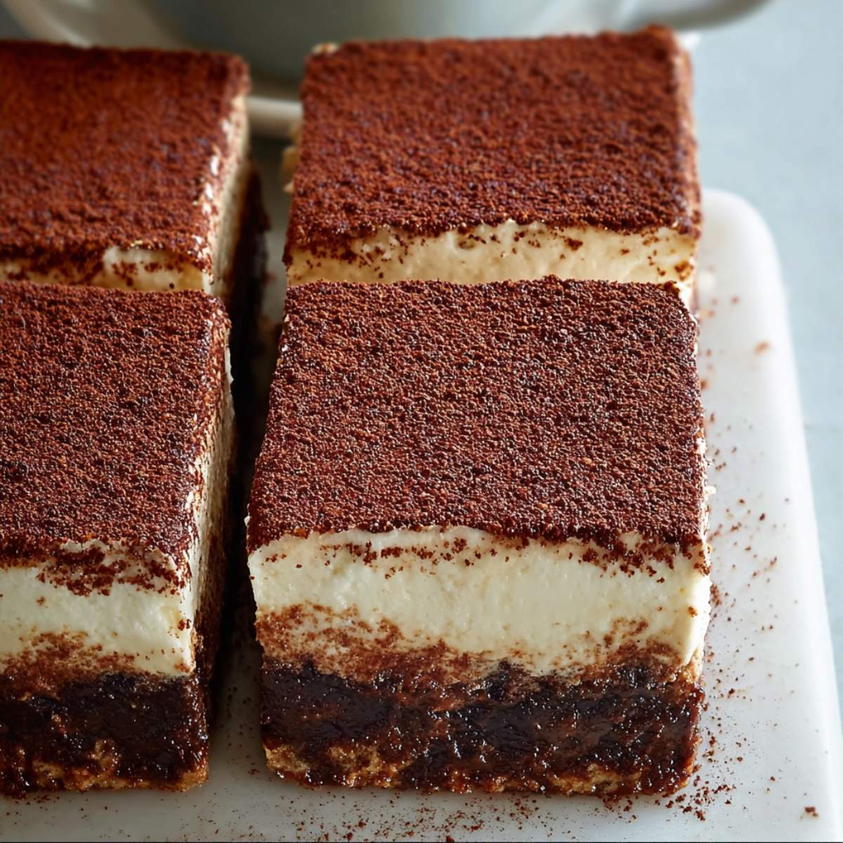 Close-up of tiramisu brownies showing fudgy espresso brownie base, thick mascarpone cream layer, and cocoa dusted topping.