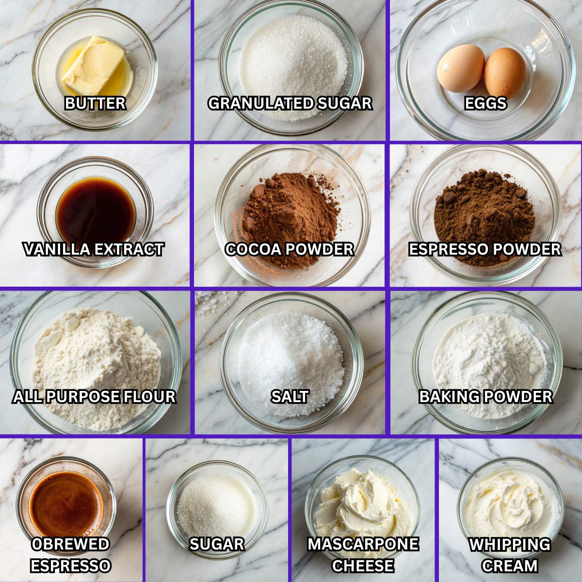 Fresh ingredients for tiramisu brownies including butter, eggs, cocoa powder, espresso powder, mascarpone cheese, and flour.