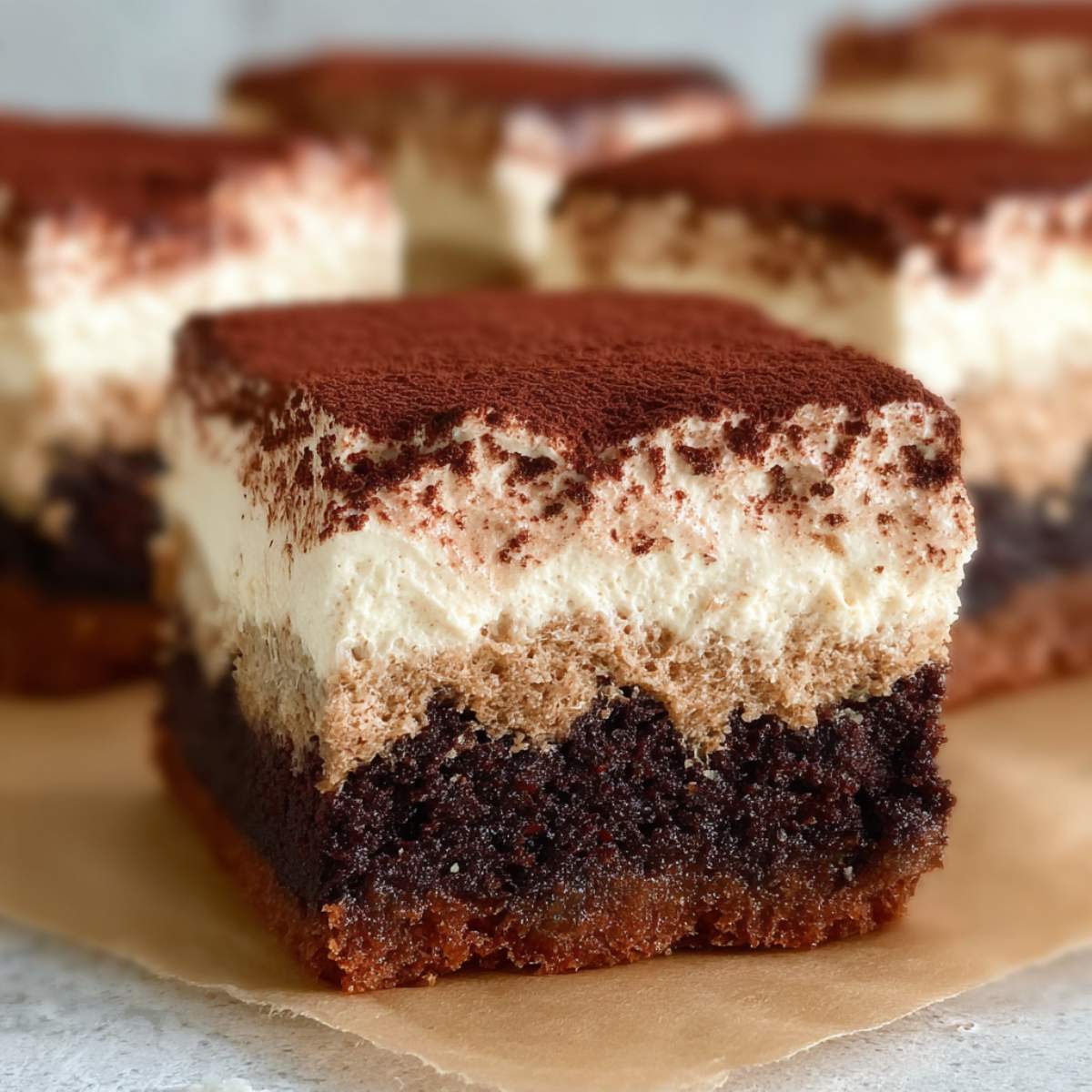 Tiramisu brownies on parchment paper showing fudgy espresso brownie base, creamy mascarpone layer, and cocoa dusted top.