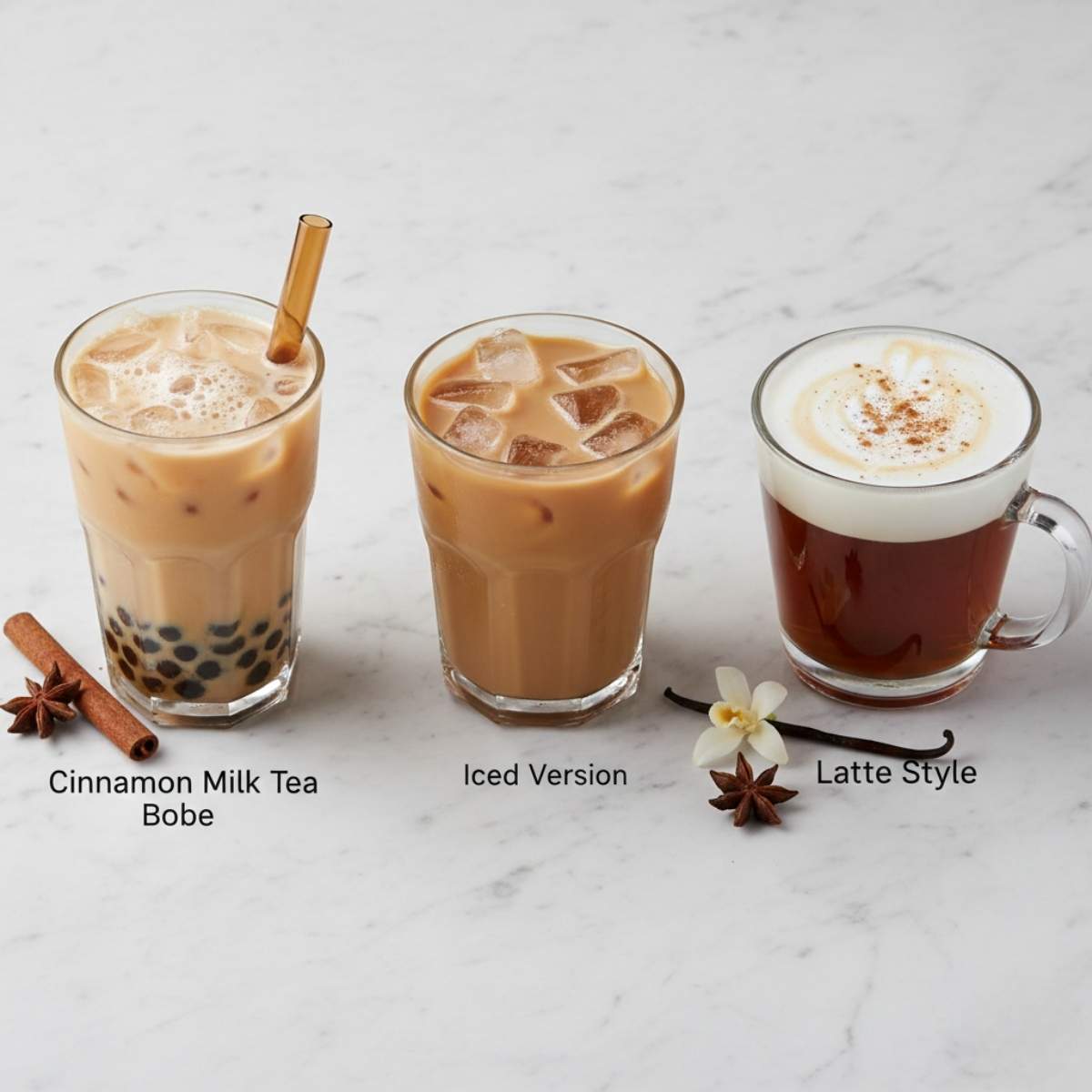 Vanilla cinnamon milk tea in three styles including boba, iced version, and latte style served in clear glasses on marble surface.